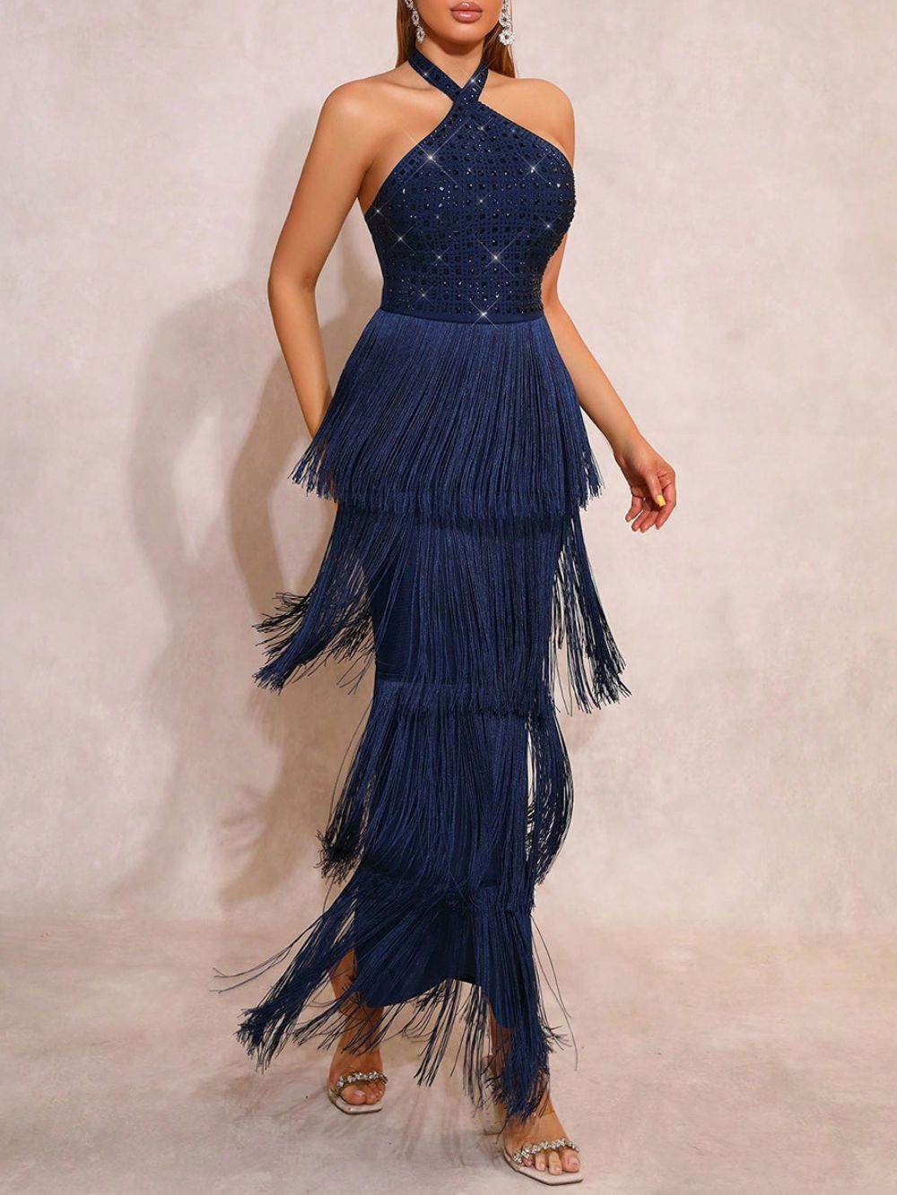 Merrit Blue Halter Diamante Tassel Maxi Dress - OWNCI Merrit Blue Halter Diamante Tassel Maxi Dress - OWNCI