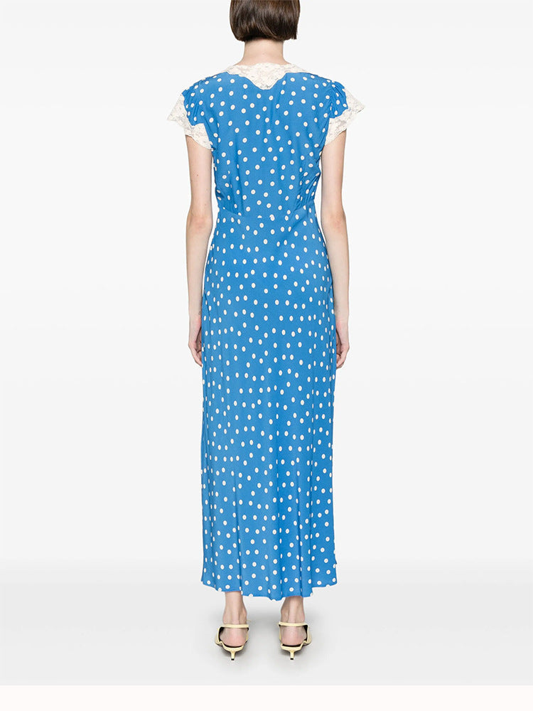 Lyuba Polka Dot Lace-Trimmed V-Neck Maxi Dress In Blue - OWNCI Lyuba Polka Dot Lace-Trimmed V-Neck Maxi Dress In Blue - OWNCI