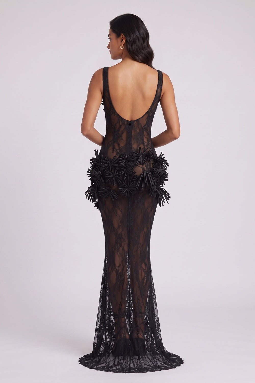Black Lace Maxi Dress with 3D Floral Appliqués - OWNCI Black Lace Maxi Dress with 3D Floral Appliqués - OWNCI