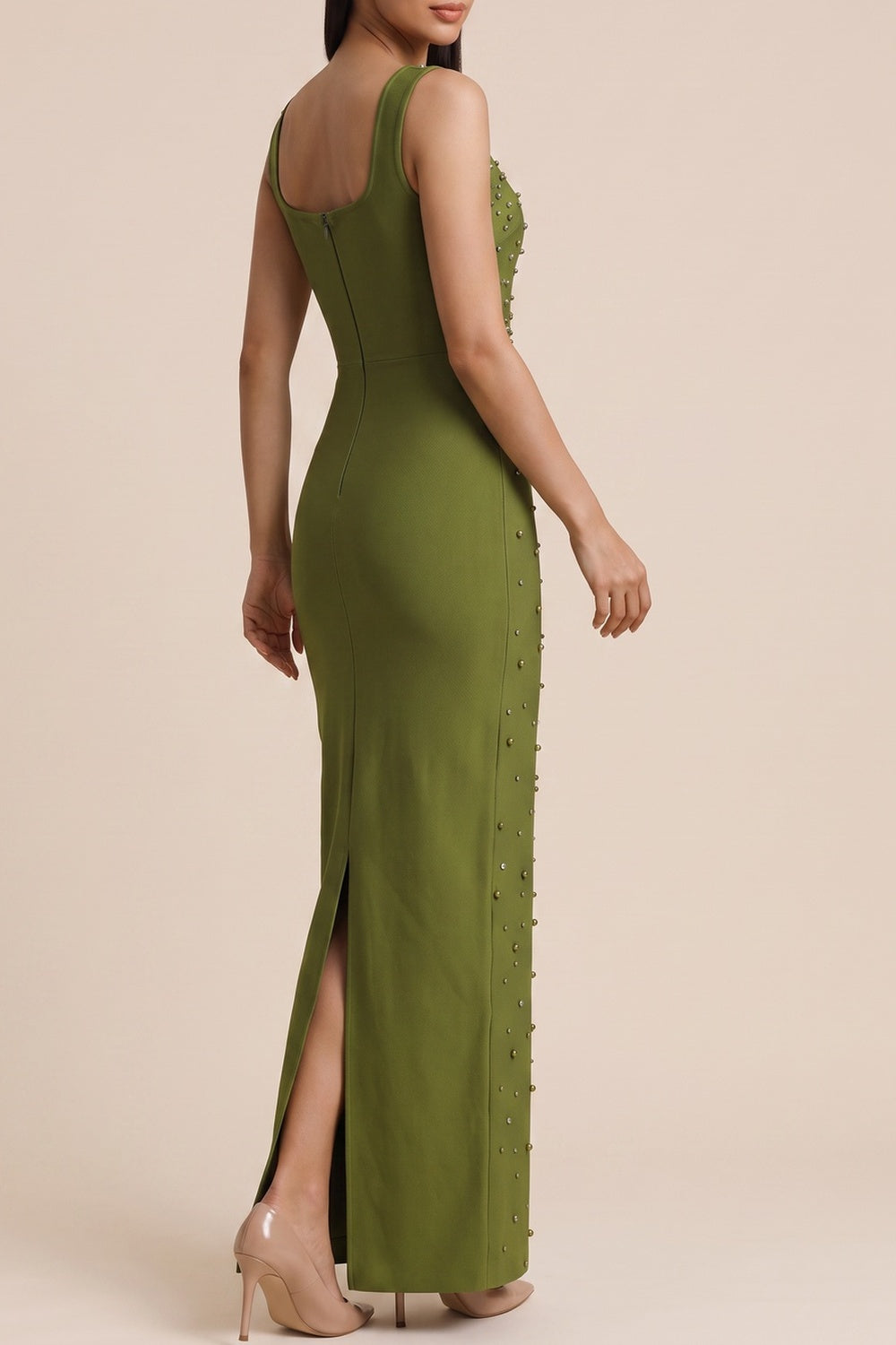 Square Neck Sleeveless Rhinestone Mermaid Maxi Dress - OWNCI