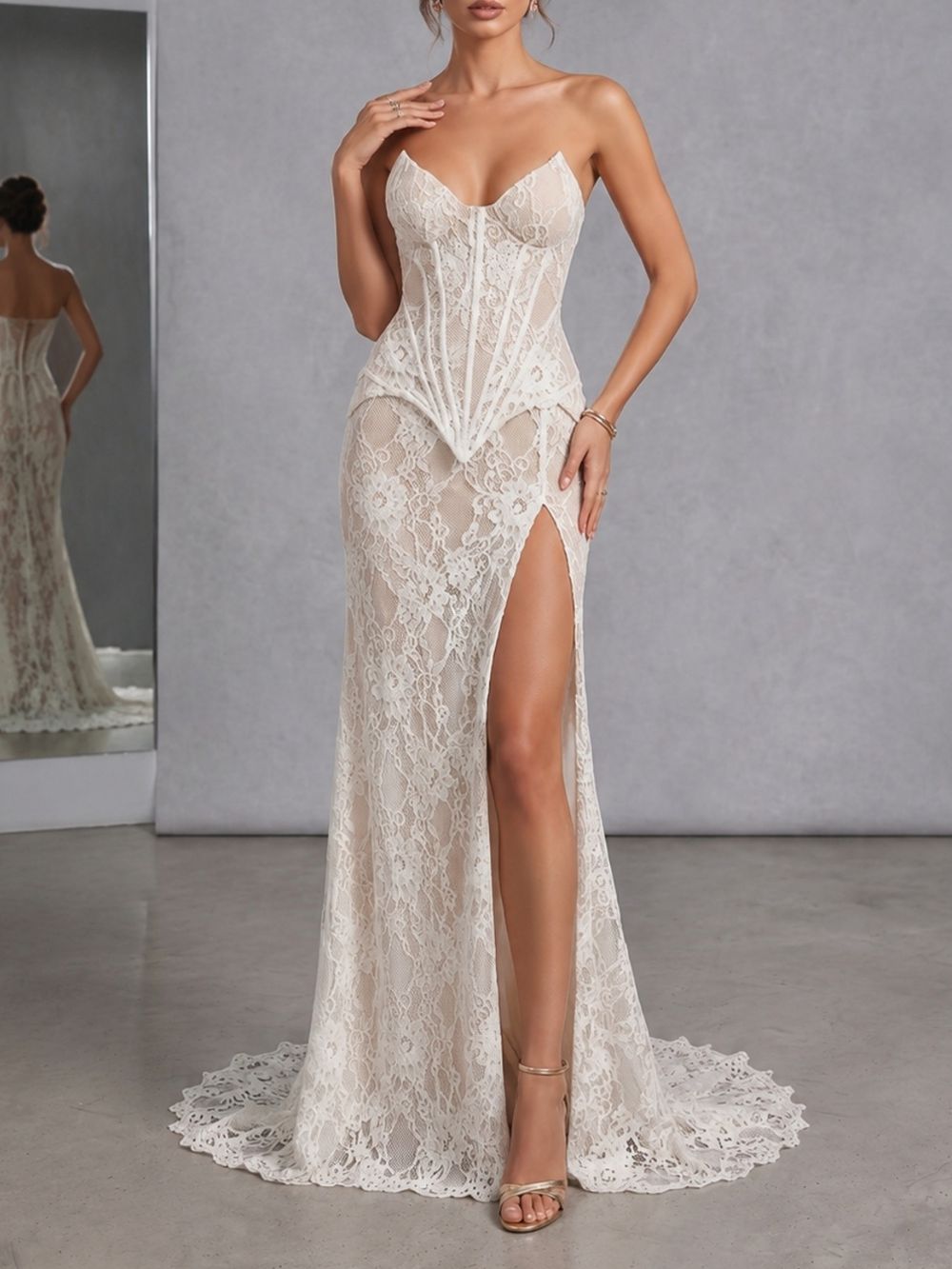 Strapless Lace Corset Two Piece Maxi Dress White - OWNCI Strapless Lace Corset Two Piece Maxi Dress White - OWNCI