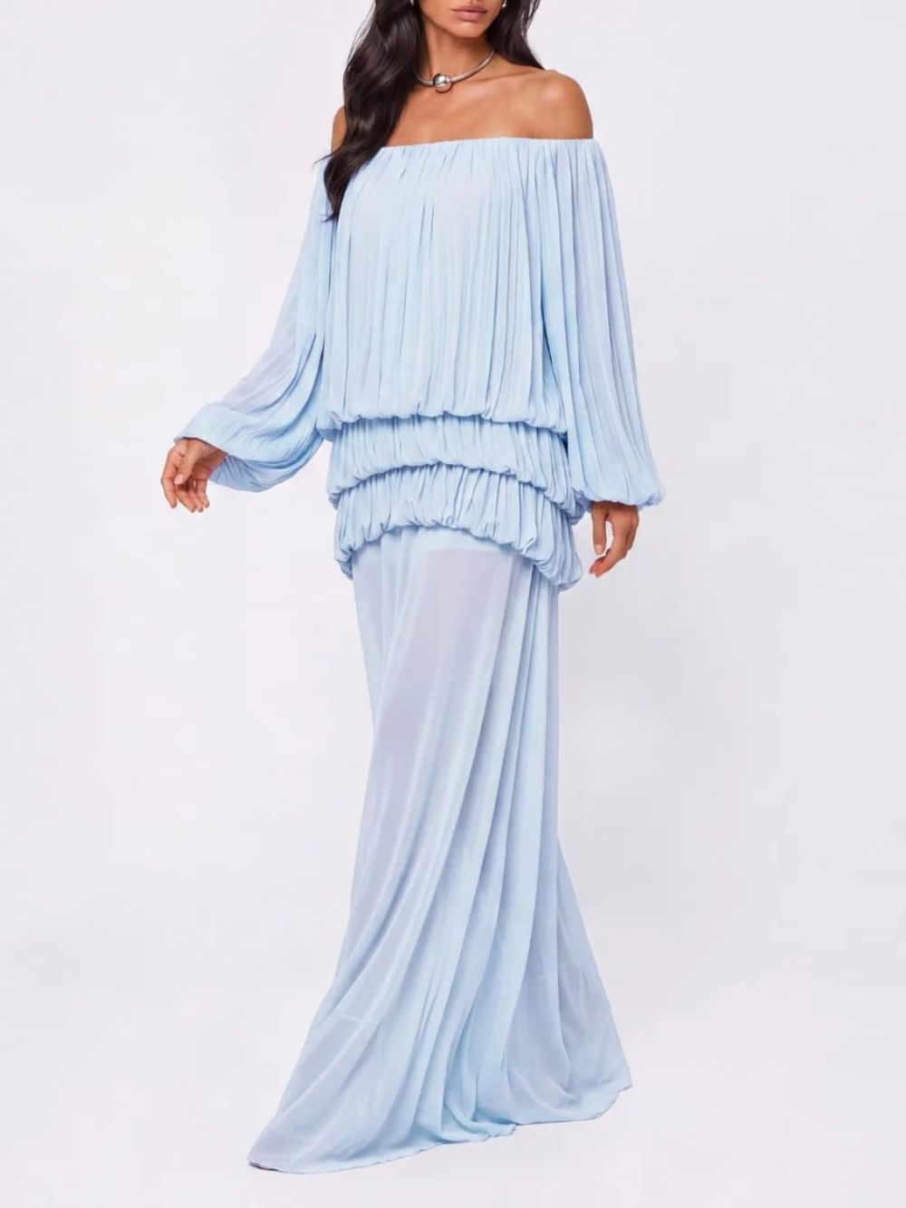 Gracja Off Shoulder Tiered Dress In Sky Blue - OWNCI Gracja Off Shoulder Tiered Dress In Sky Blue - OWNCI