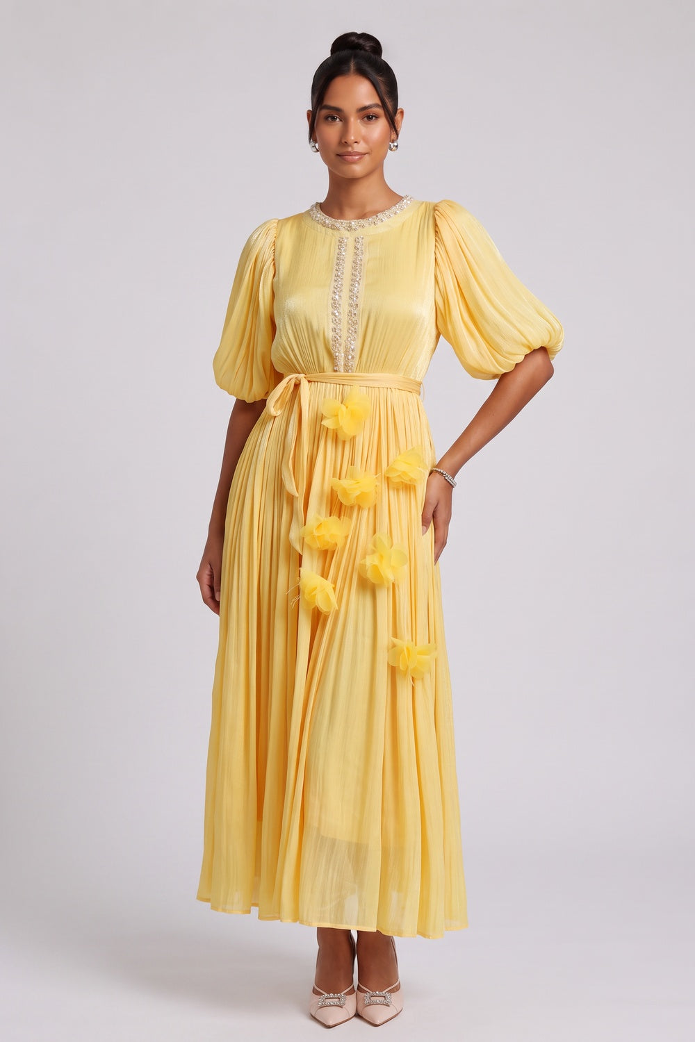 Yellow Midi Dress with Beaded Neckline and 3D Floral Appliqués - OWNCI Yellow Midi Dress with Beaded Neckline and 3D Floral Appliqués - OWNCI