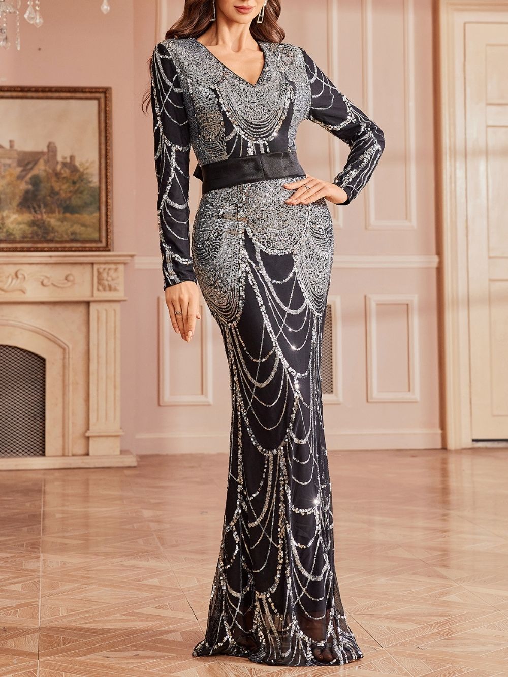 Mayana Black Sequin Long Sleeve Maxi Dress - OWNCI Mayana Black Sequin Long Sleeve Maxi Dress - OWNCI