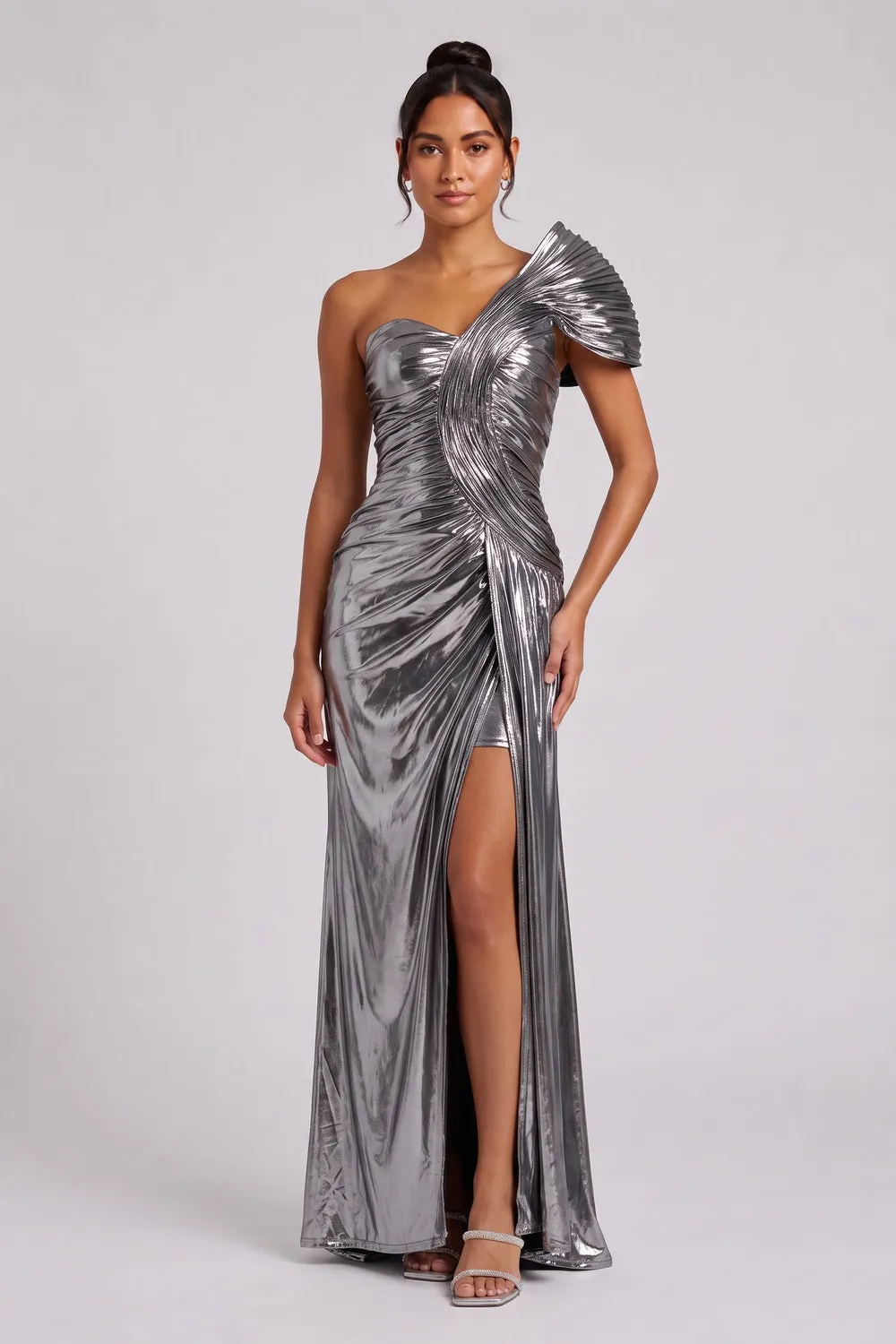 Silver Metallic One-Shoulder Draped Maxi Dress - OWNCI Silver Metallic One-Shoulder Draped Maxi Dress - OWNCI