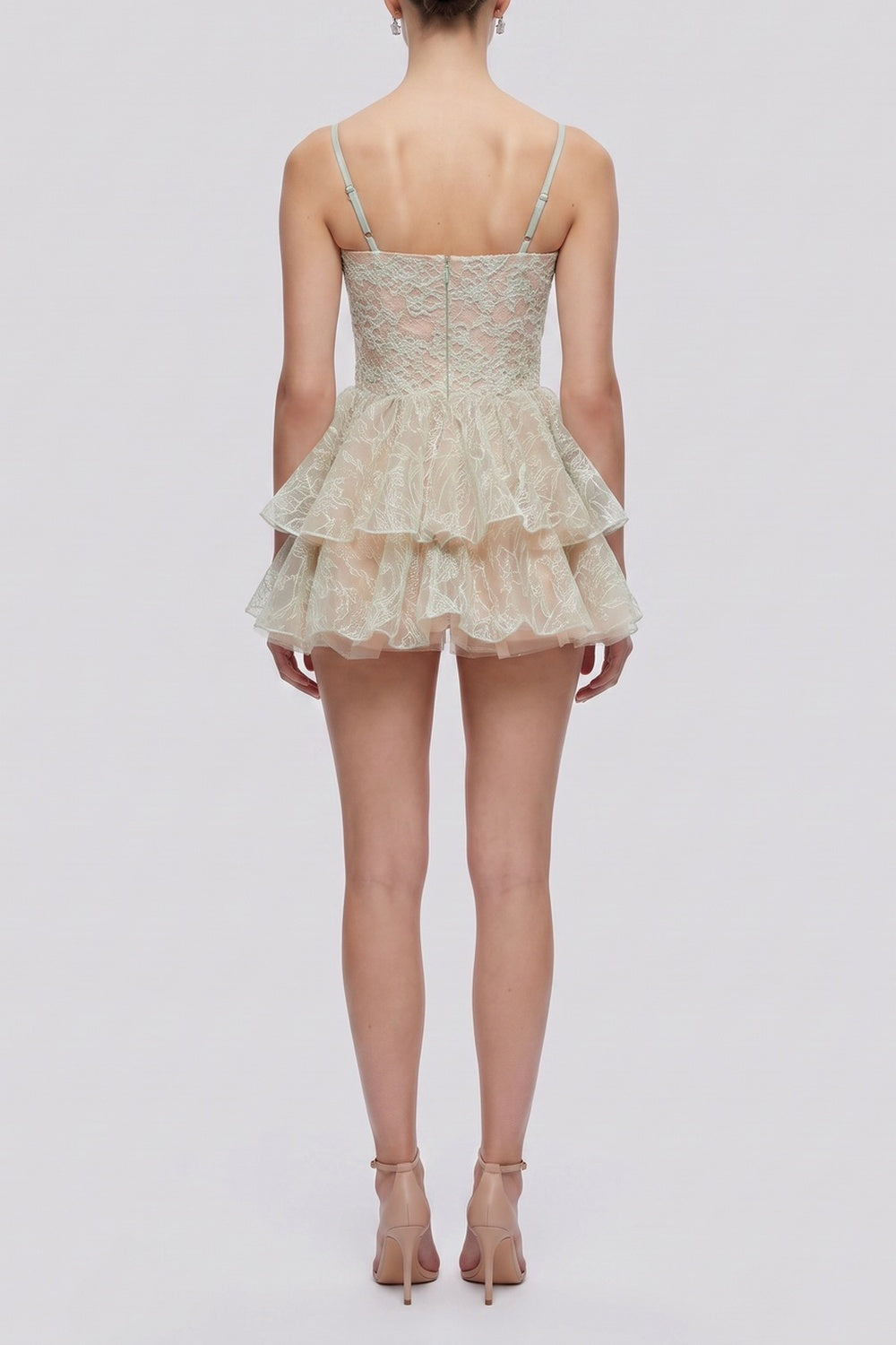 Spaghetti Strap Floral Lace Crystal Bow Tiered Mini Dress - OWNCI