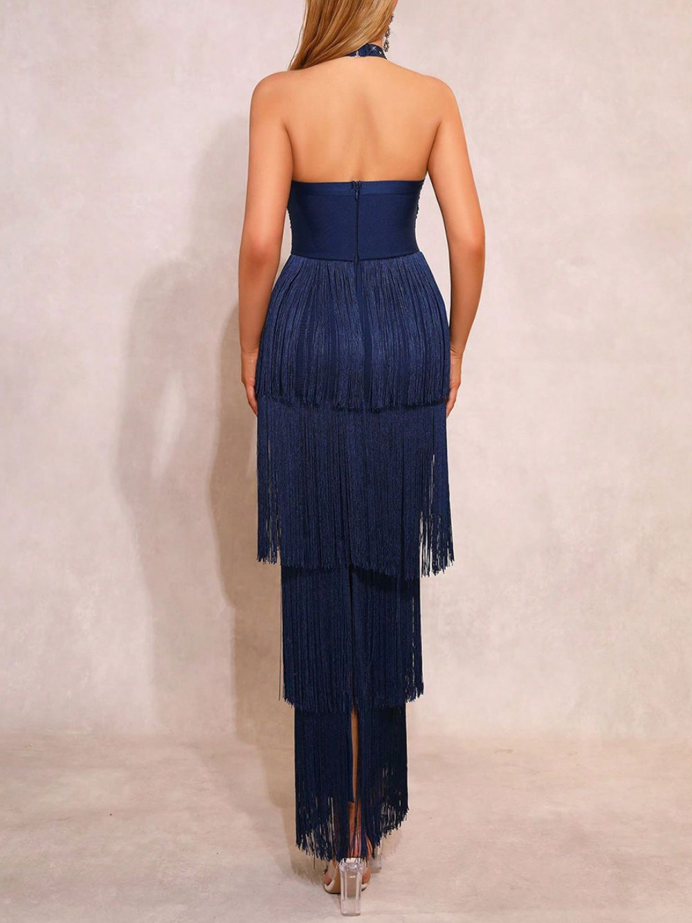 Merrit Blue Halter Diamante Tassel Maxi Dress - OWNCI