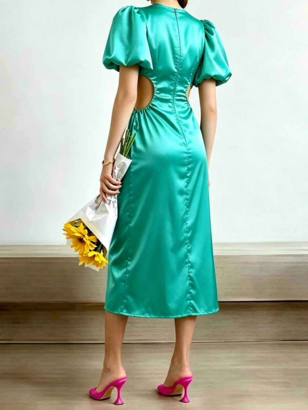 Megara Satin Cutout Puff-Sleeve Midi Dress - OWNCI