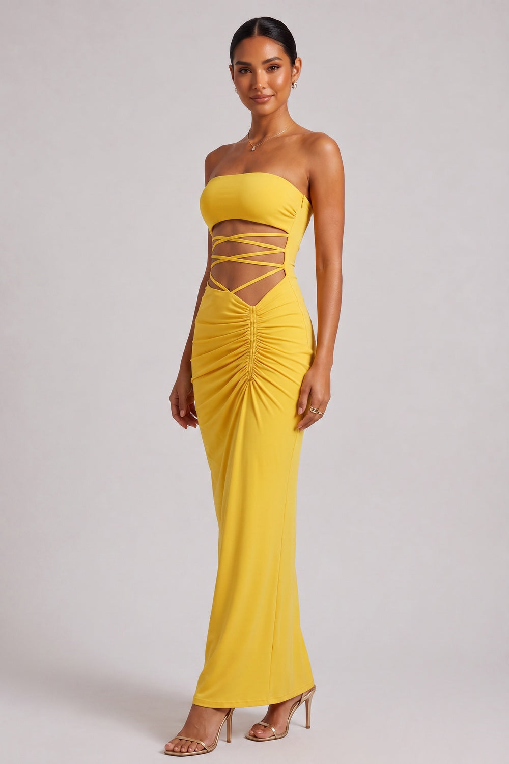 Yellow Strapless Maxi Dress with Side Cutout Detail - OWNCI