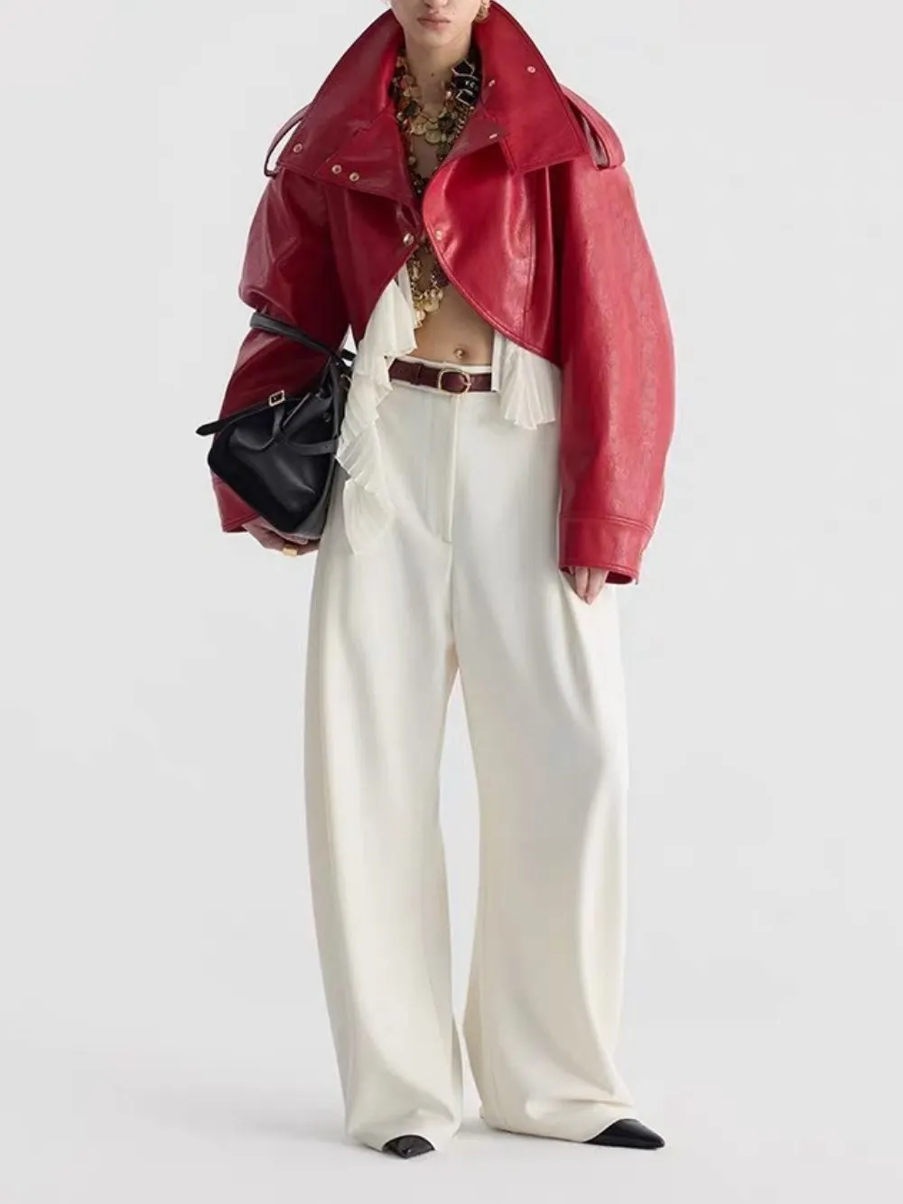 Maysa Red PU Leather Ruffle Jacket - OWNCI Maysa Red PU Leather Ruffle Jacket - OWNCI