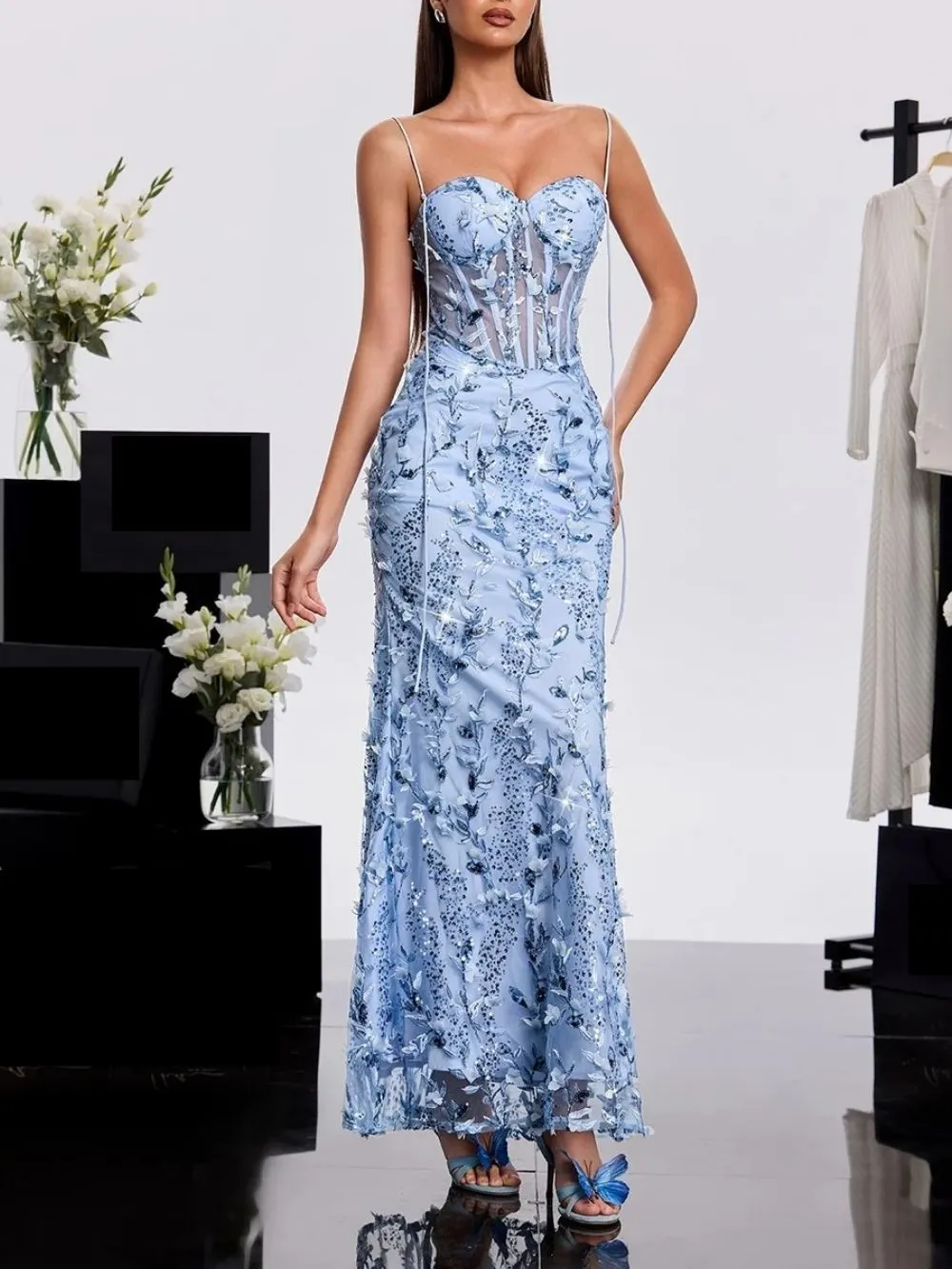 Haranu Spaghetti Corset Sequin Dress In Sky - OWNCI Haranu Spaghetti Corset Sequin Dress In Sky - OWNCI
