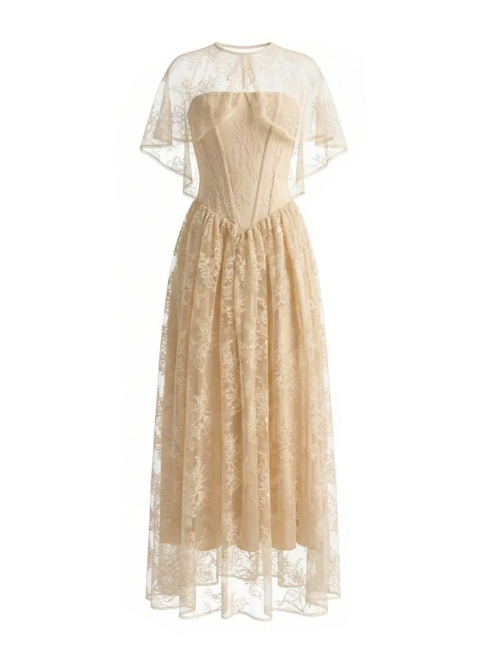 Lace Cape Strapless A Line Maxi Dress - OWNCI