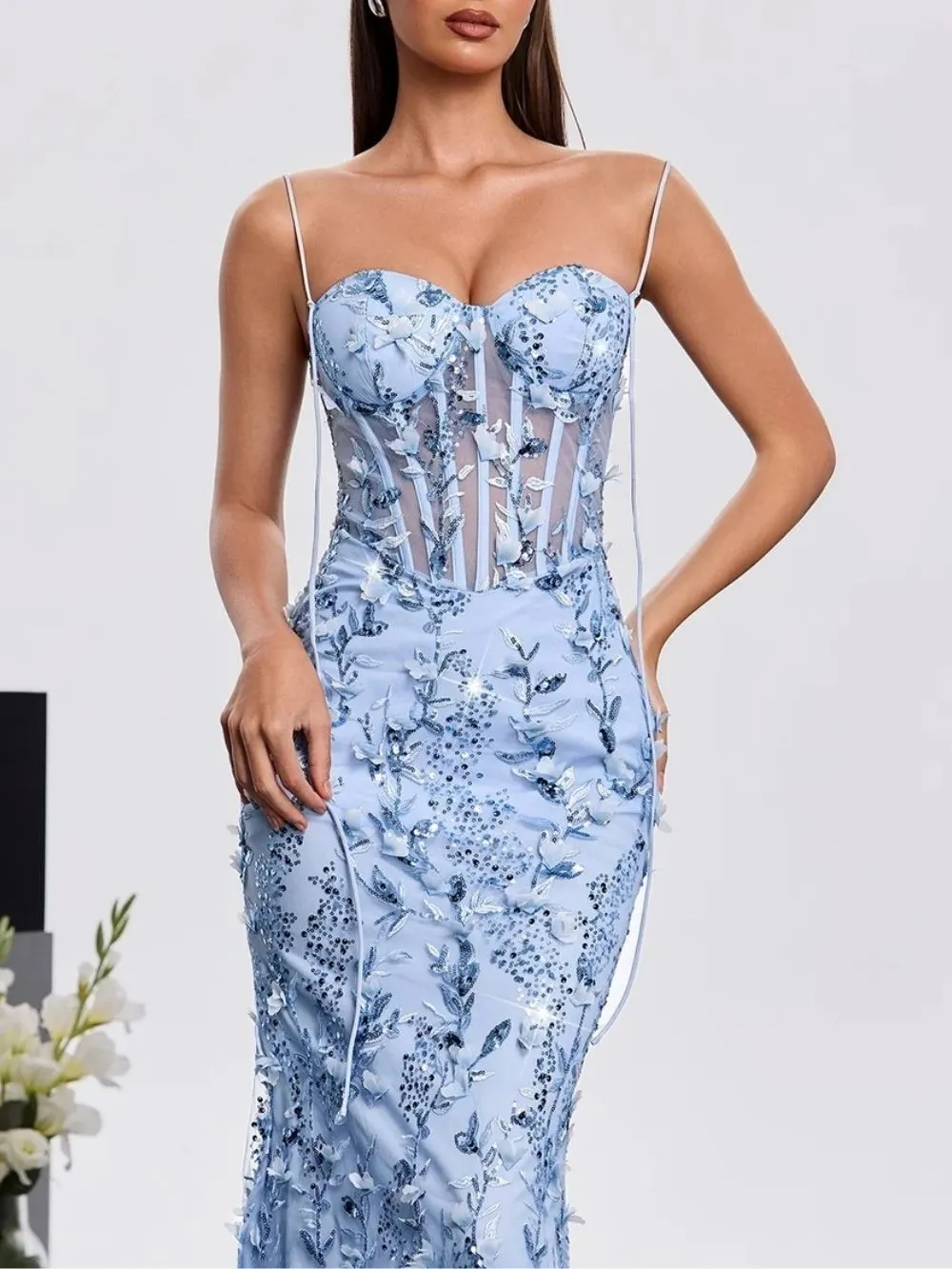 Haranu Spaghetti Corset Sequin Dress In Sky - OWNCI Haranu Spaghetti Corset Sequin Dress In Sky - OWNCI