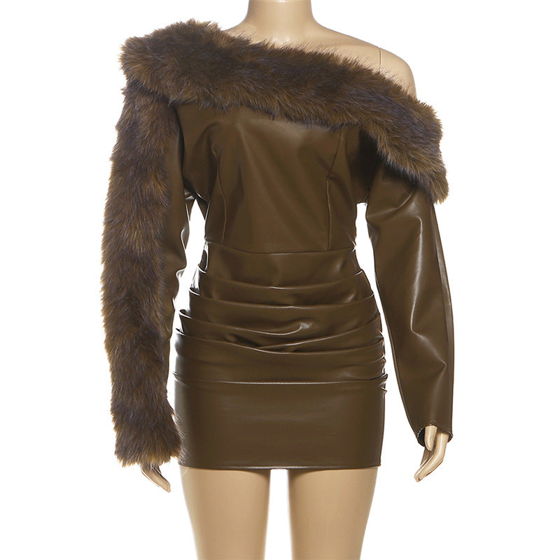 Sibyl Leather Fur Collar Asymmetrical Mini Dress In Brown - OWNCI Sibyl Leather Fur Collar Asymmetrical Mini Dress In Brown - OWNCI