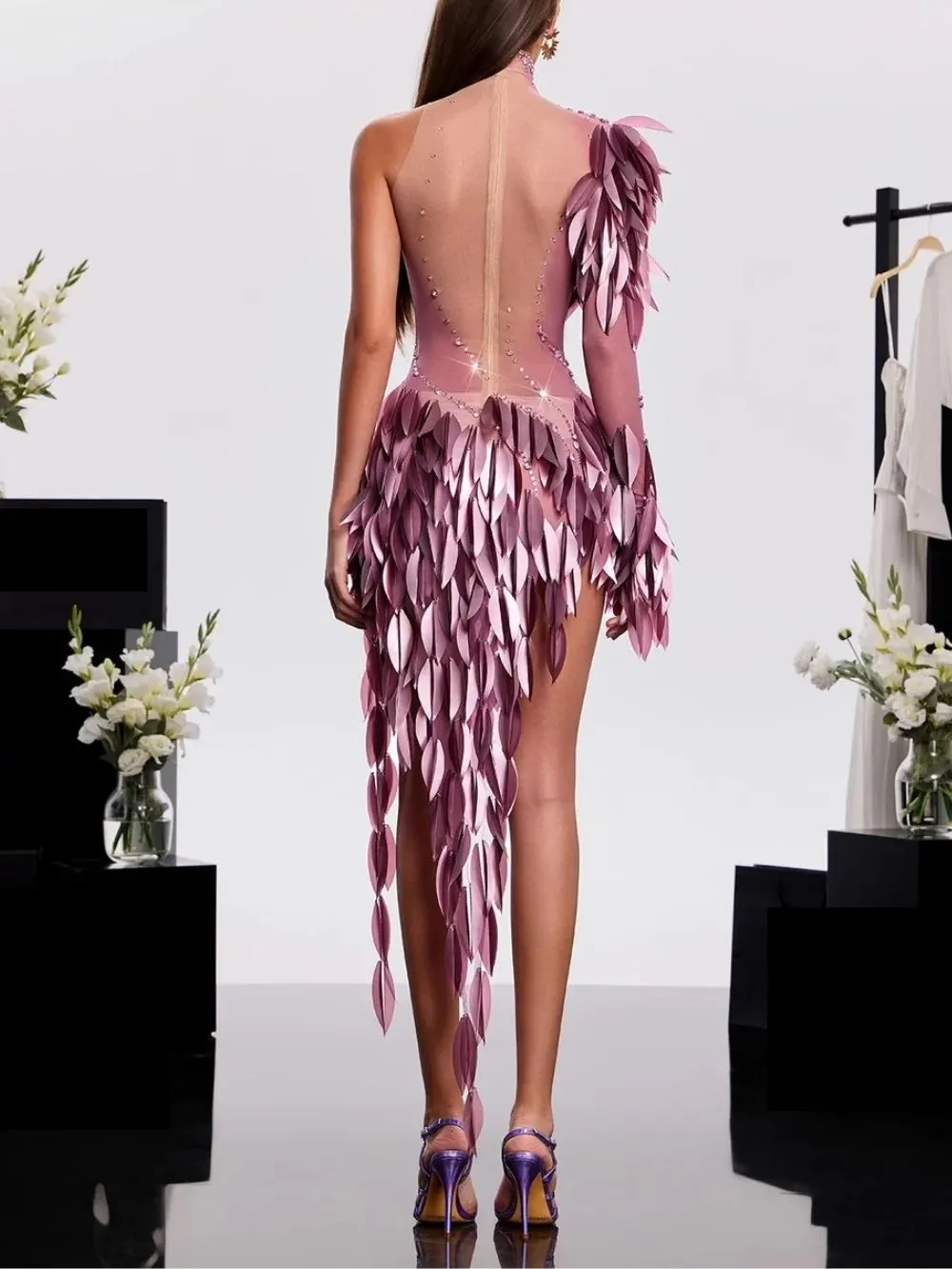 Xandrik One Shoulder Leaf Mesh Dress - OWNCI