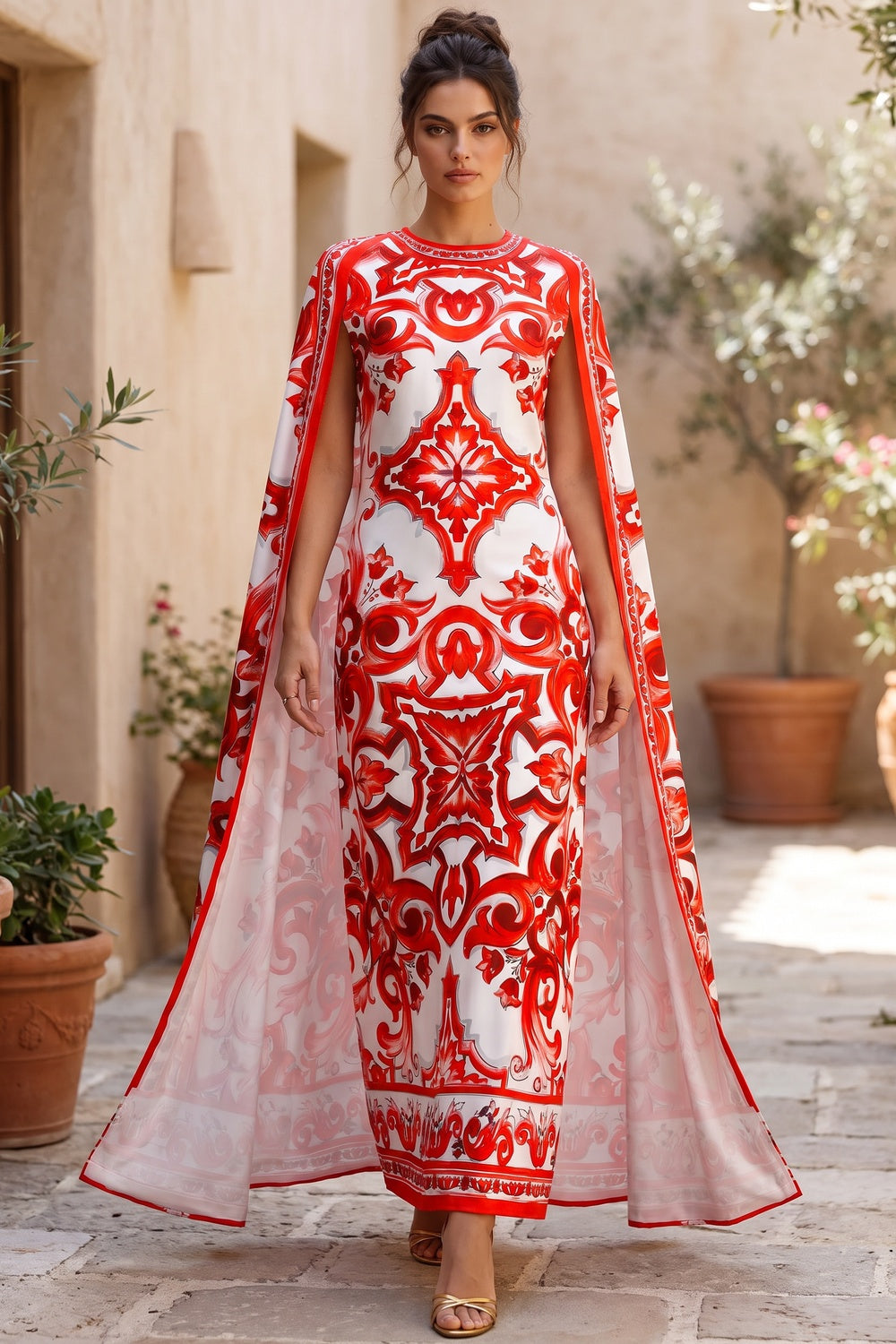 White Majolica Tile Print Cape Dress - OWNCI White Majolica Tile Print Cape Dress - OWNCI