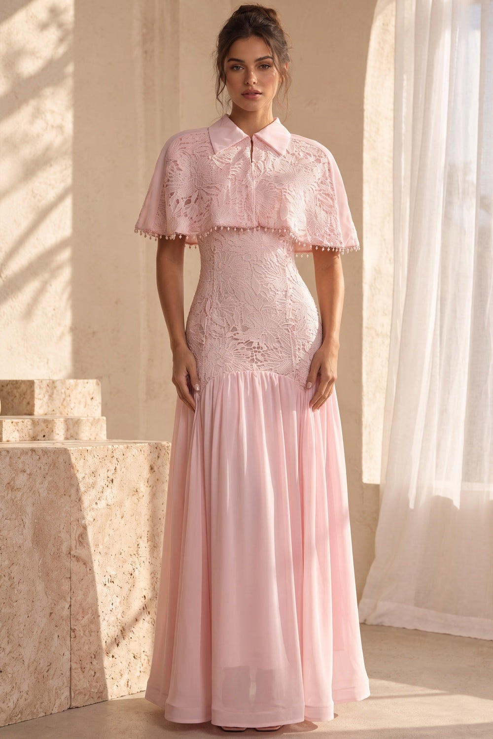 Pastel Pink Floral Lace Fitted Bodice with Flared Mermaid-Style Skirt Dress with Matching Capelet - OWNCI
