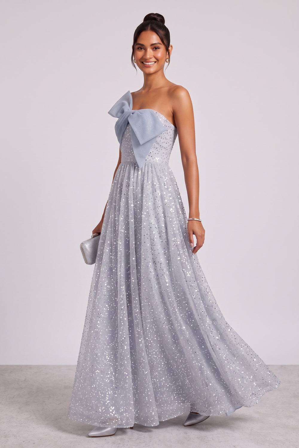 Silver-Blue Glitter Tulle A-Line Evening Gown - OWNCI