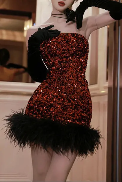 Quintina Sequin Feather Strapless Mini Dress In Red - OWNCI Quintina Sequin Feather Strapless Mini Dress In Red - OWNCI