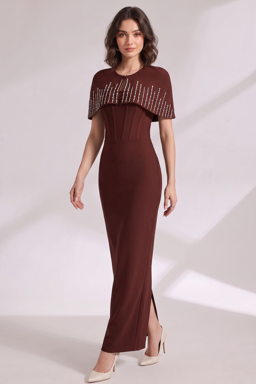 Dark Brown Structured Crepe Column Dress with Capelet Overlay - OWNCI Dark Brown Structured Crepe Column Dress with Capelet Overlay - OWNCI