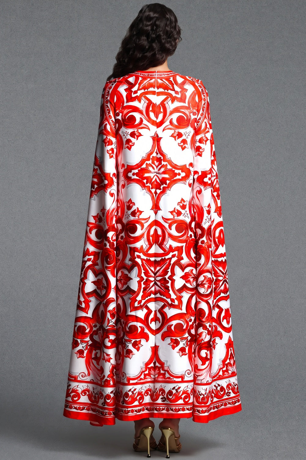 White Majolica Tile Print Cape Dress - OWNCI White Majolica Tile Print Cape Dress - OWNCI