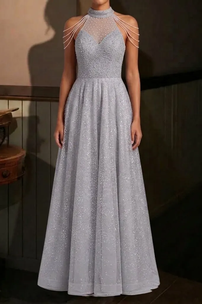 Silver Tulle A-Line Evening Gown - OWNCI