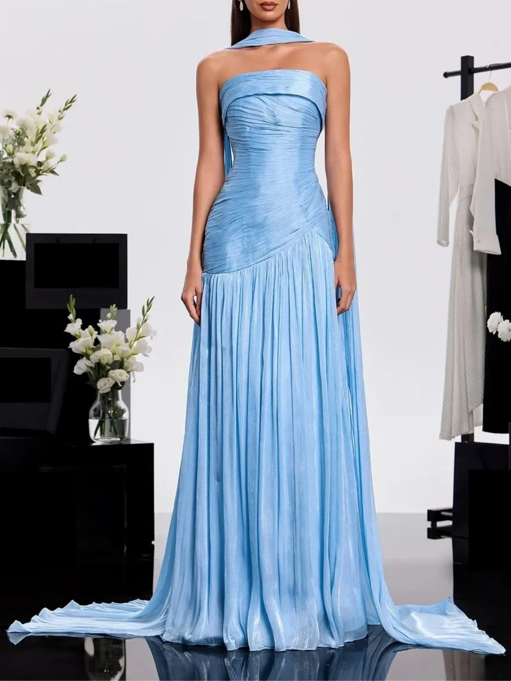 Bravexia Strapless Pleated Scarf Maxi Dress - OWNCI Bravexia Strapless Pleated Scarf Maxi Dress - OWNCI