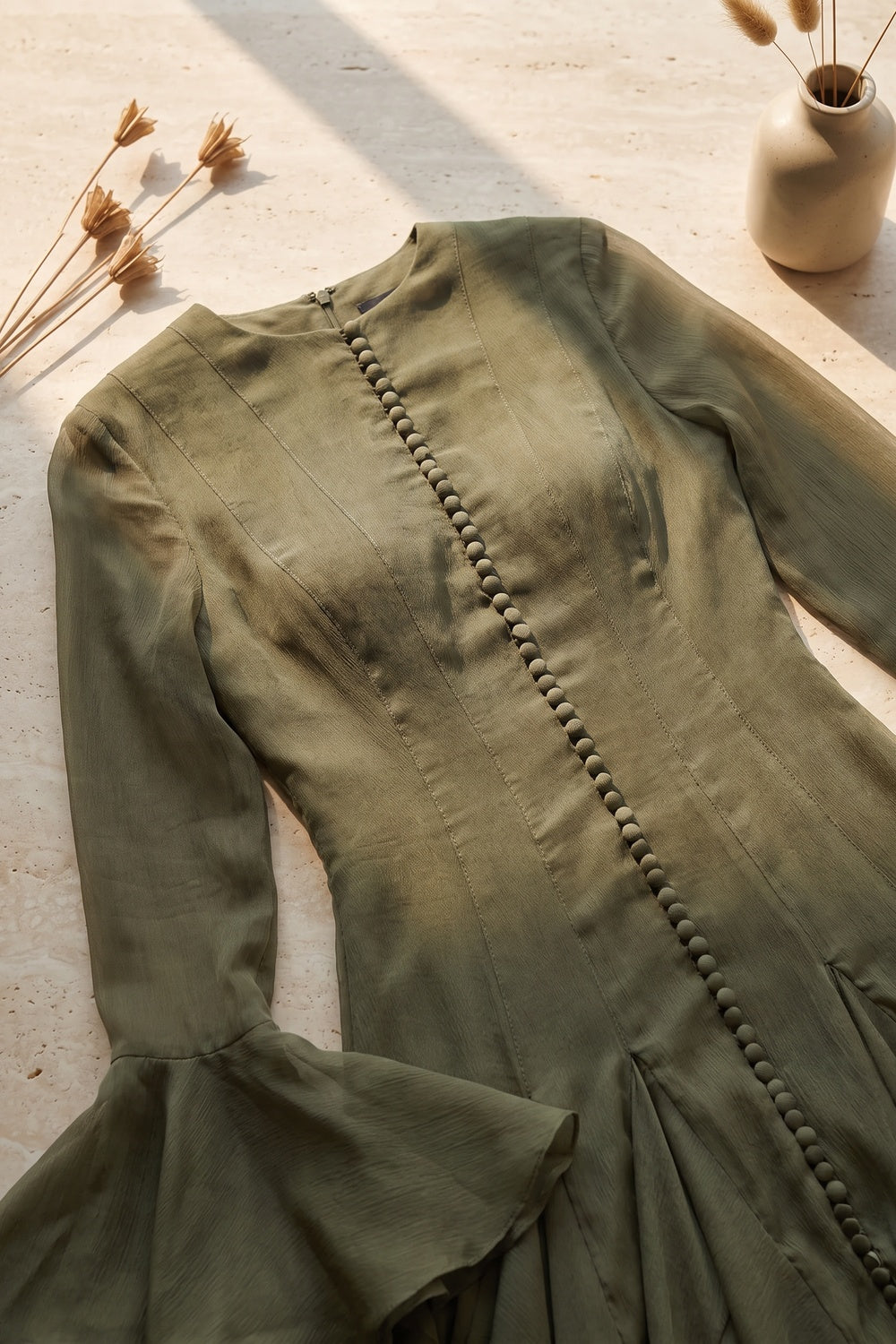 Olive Green Sheer Chiffon Fit-and-Flare Midi Dress - OWNCI Olive Green Sheer Chiffon Fit-and-Flare Midi Dress - OWNCI