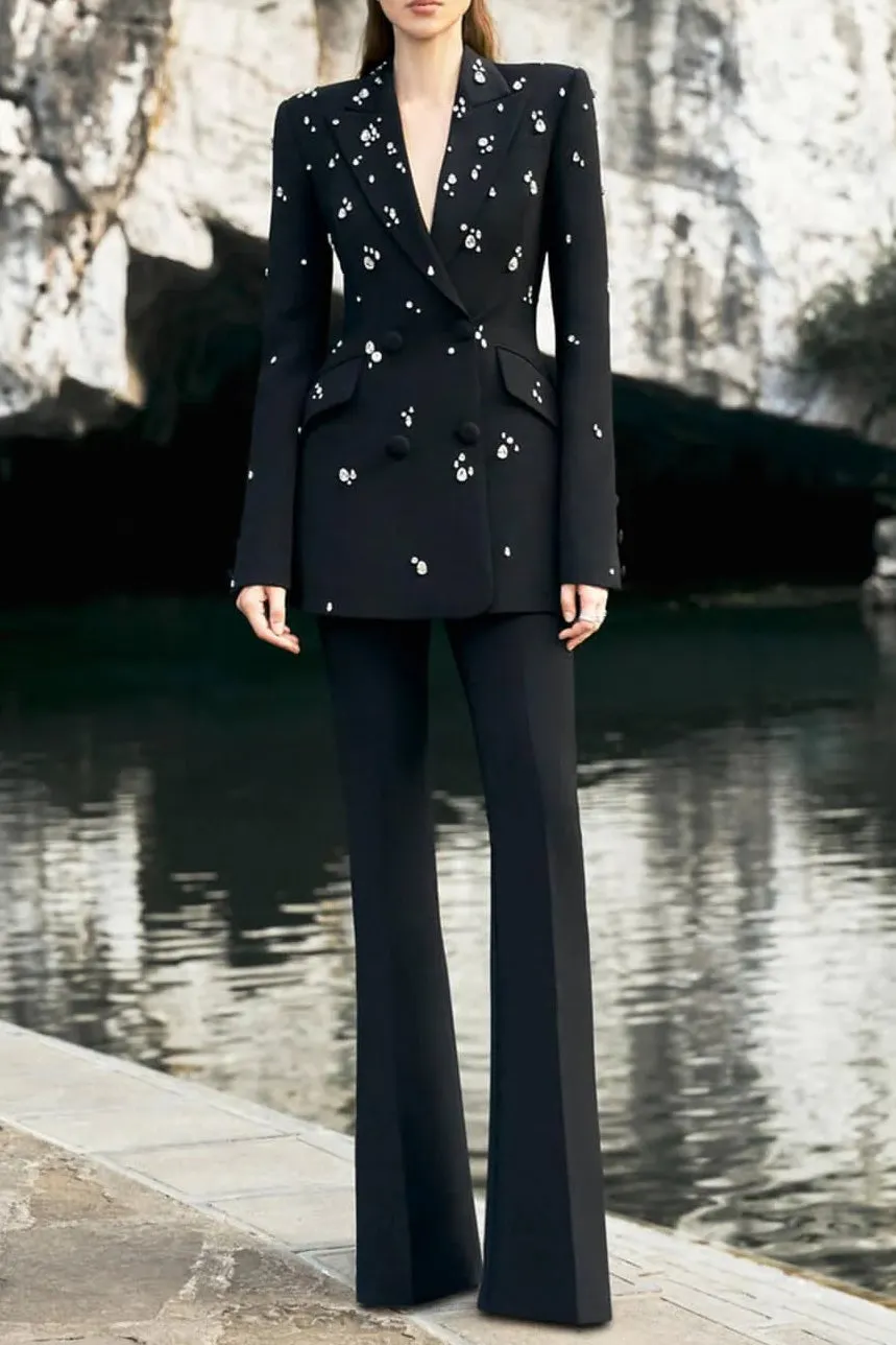 Myra Black Straight Flared Velvet Floor Length Pants Rhinestone Blazer Set - OWNCI