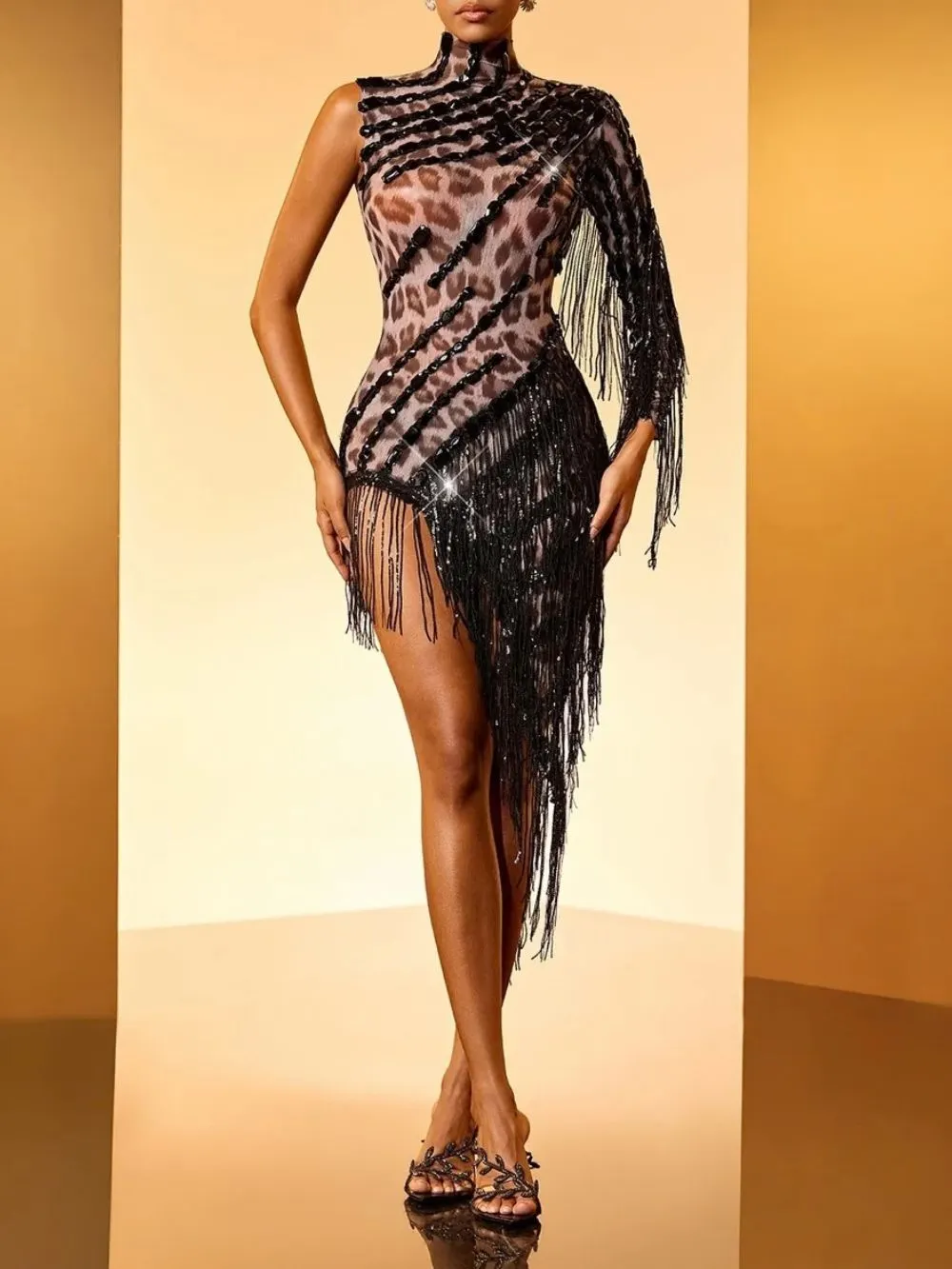 Dagfinn One Shoulder Fringe Sequin Bodysuit In Leopard - OWNCI Dagfinn One Shoulder Fringe Sequin Bodysuit In Leopard - OWNCI