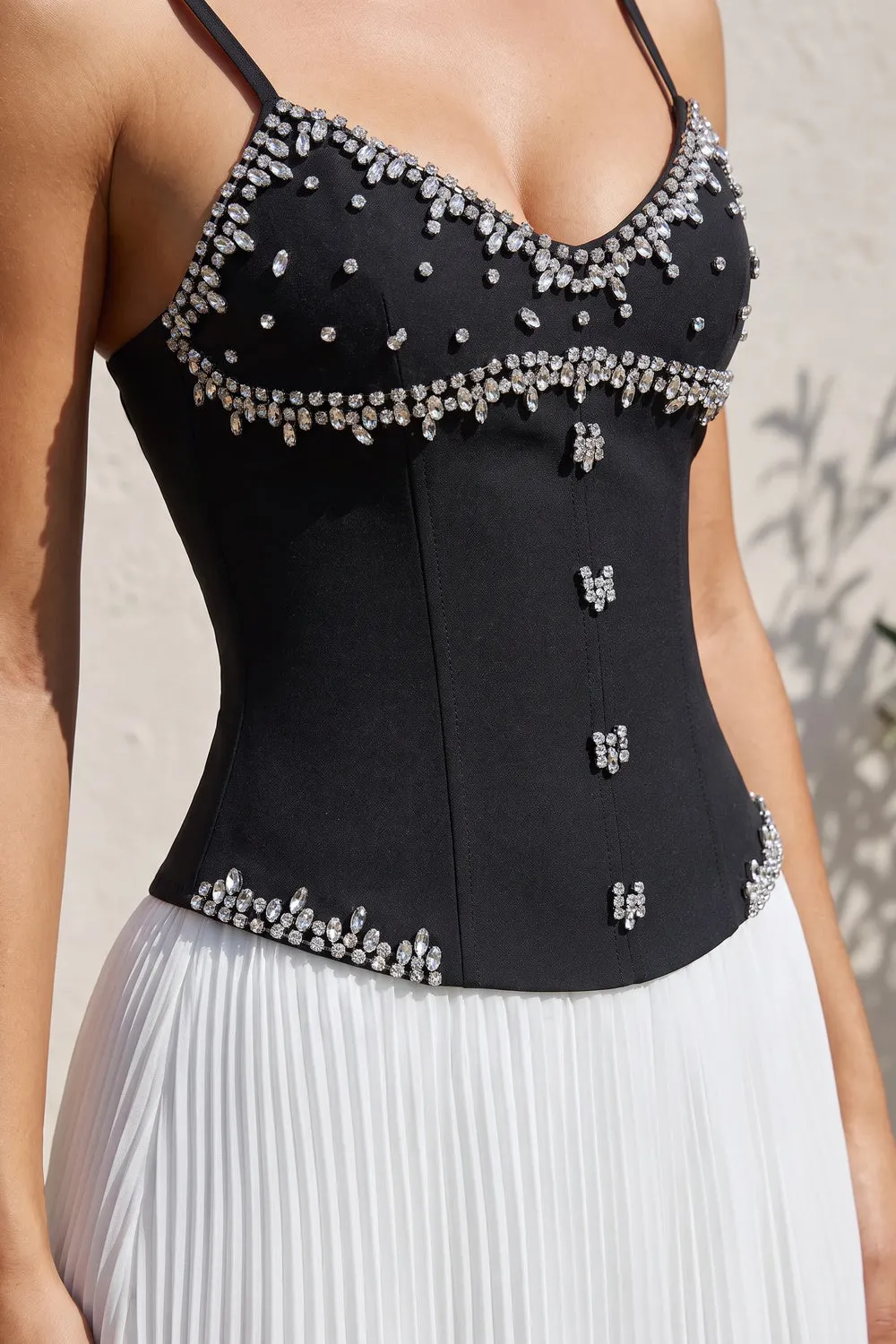 Black Embellished Corset Bodice and White Pleated Maxi Skirt Two-Piece Dress Set - OWNCI Black Embellished Corset Bodice and White Pleated Maxi Skirt Two-Piece Dress Set - OWNCI