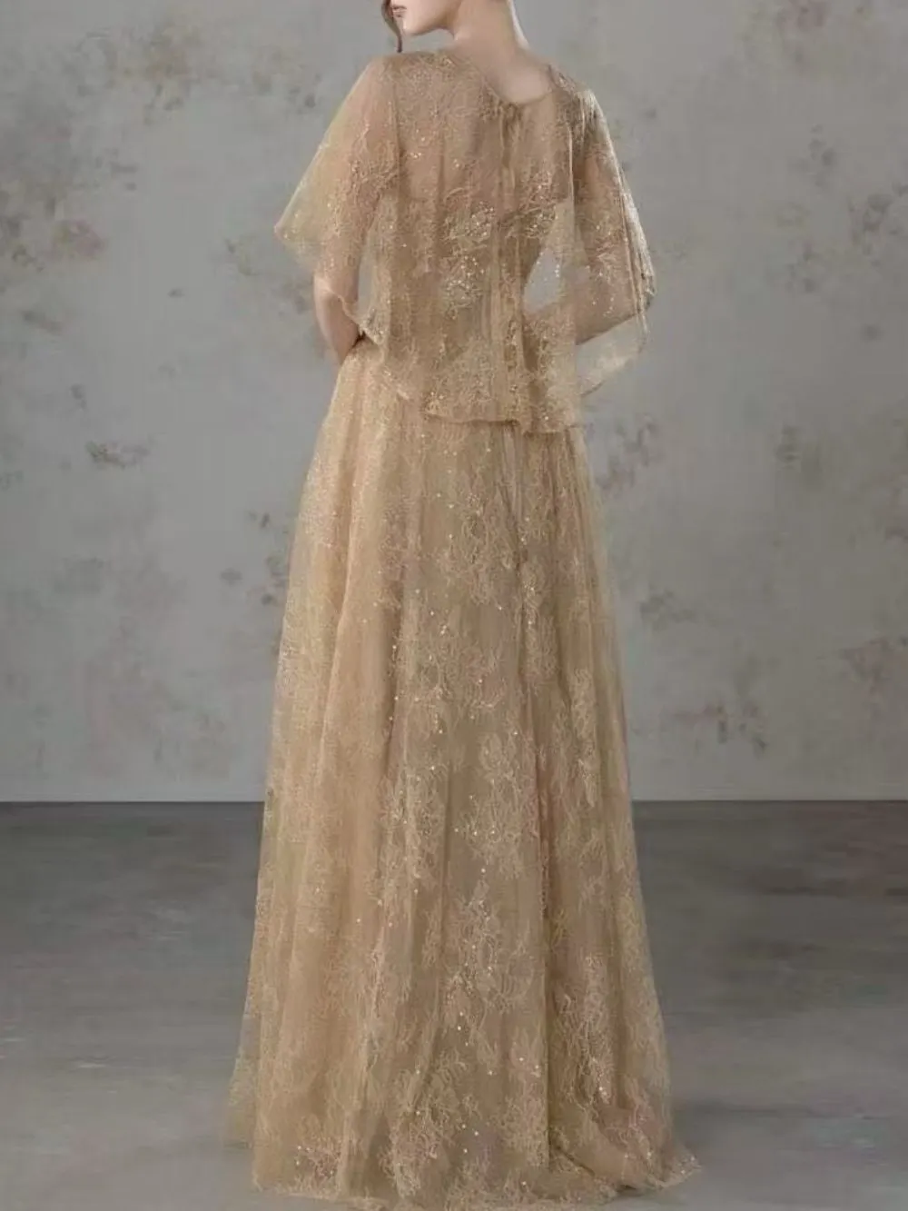 Lace Cape Strapless A Line Maxi Dress - OWNCI
