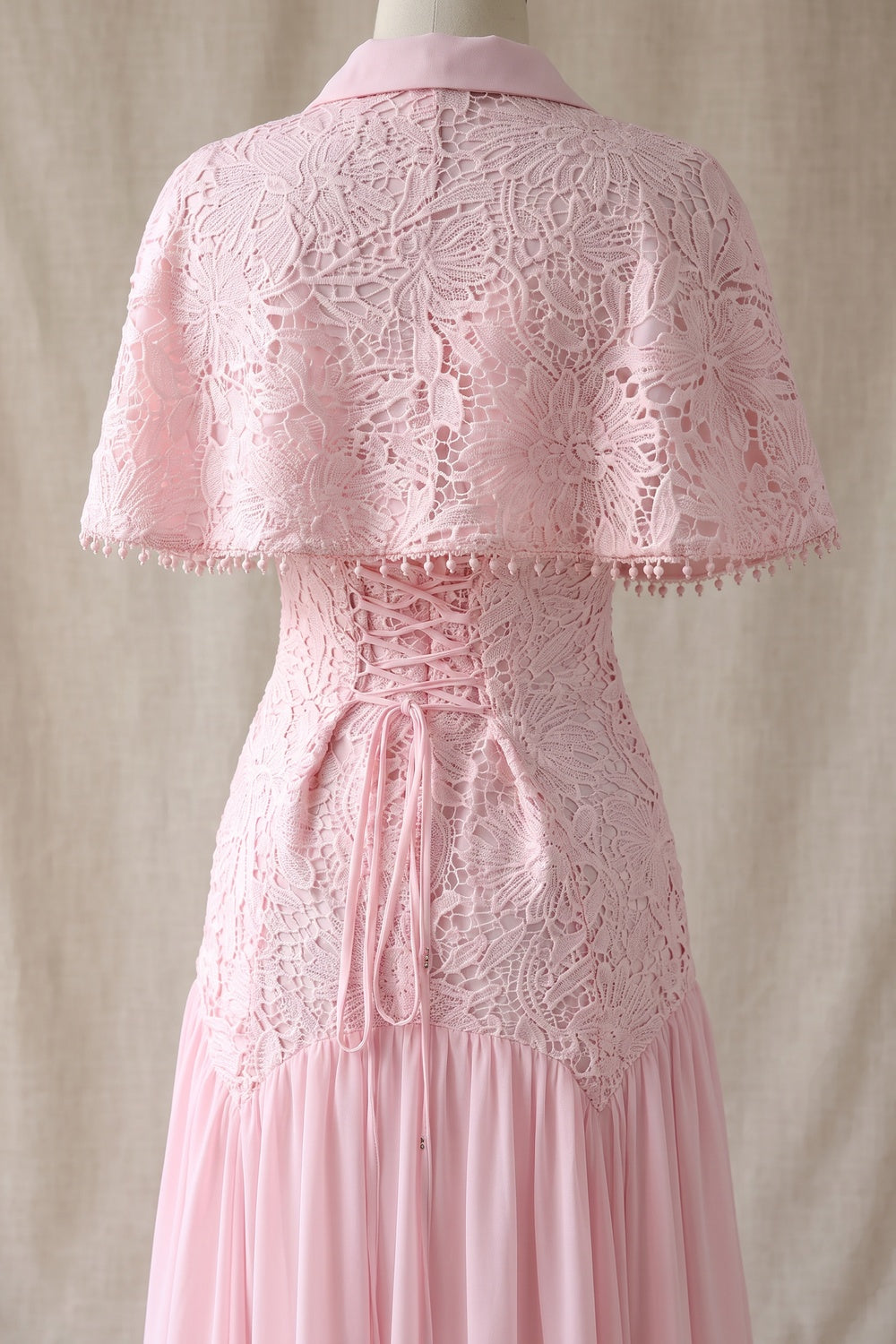 Pastel Pink Floral Lace Fitted Bodice with Flared Mermaid-Style Skirt Dress with Matching Capelet - OWNCI