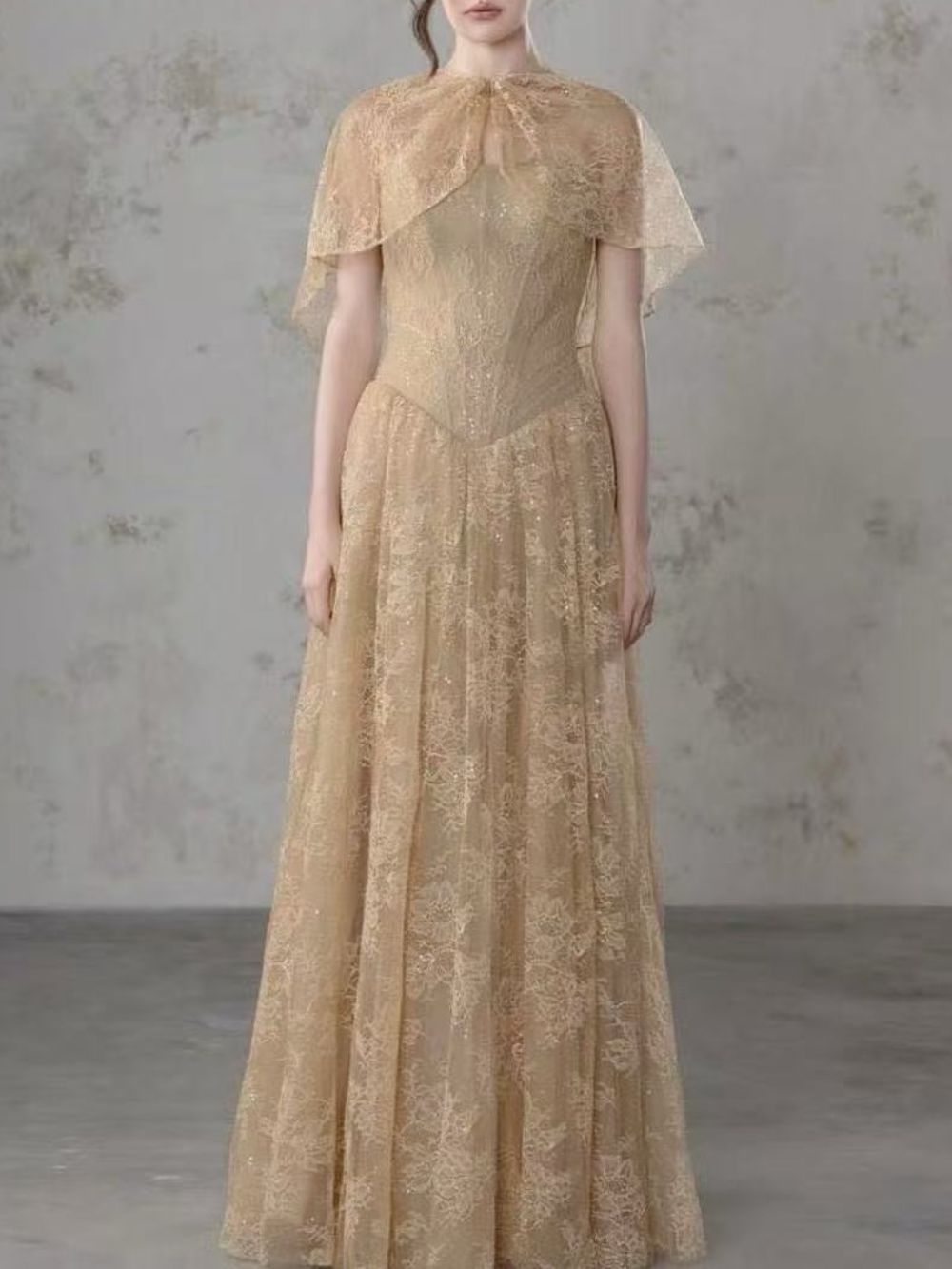 Lace Cape Strapless A Line Maxi Dress - OWNCI