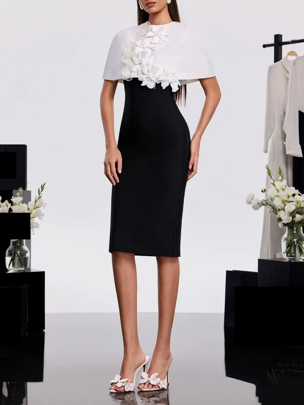Gravenk Cape Flower Bandage Midi Dress - OWNCI