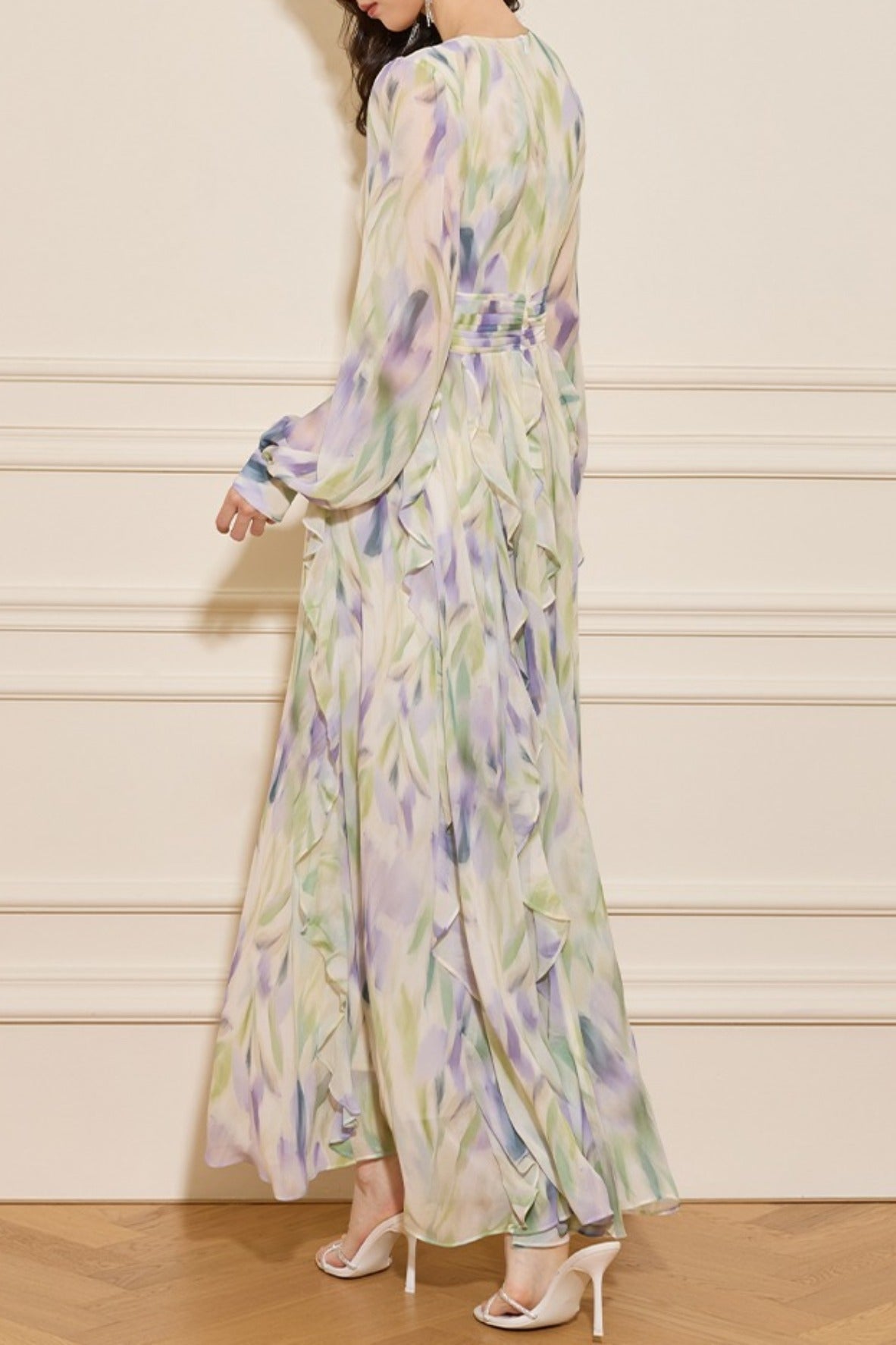 Rachel Multicolor v-Neck Floral Print Lantern Sleeve Maxi Dress - OWNCI