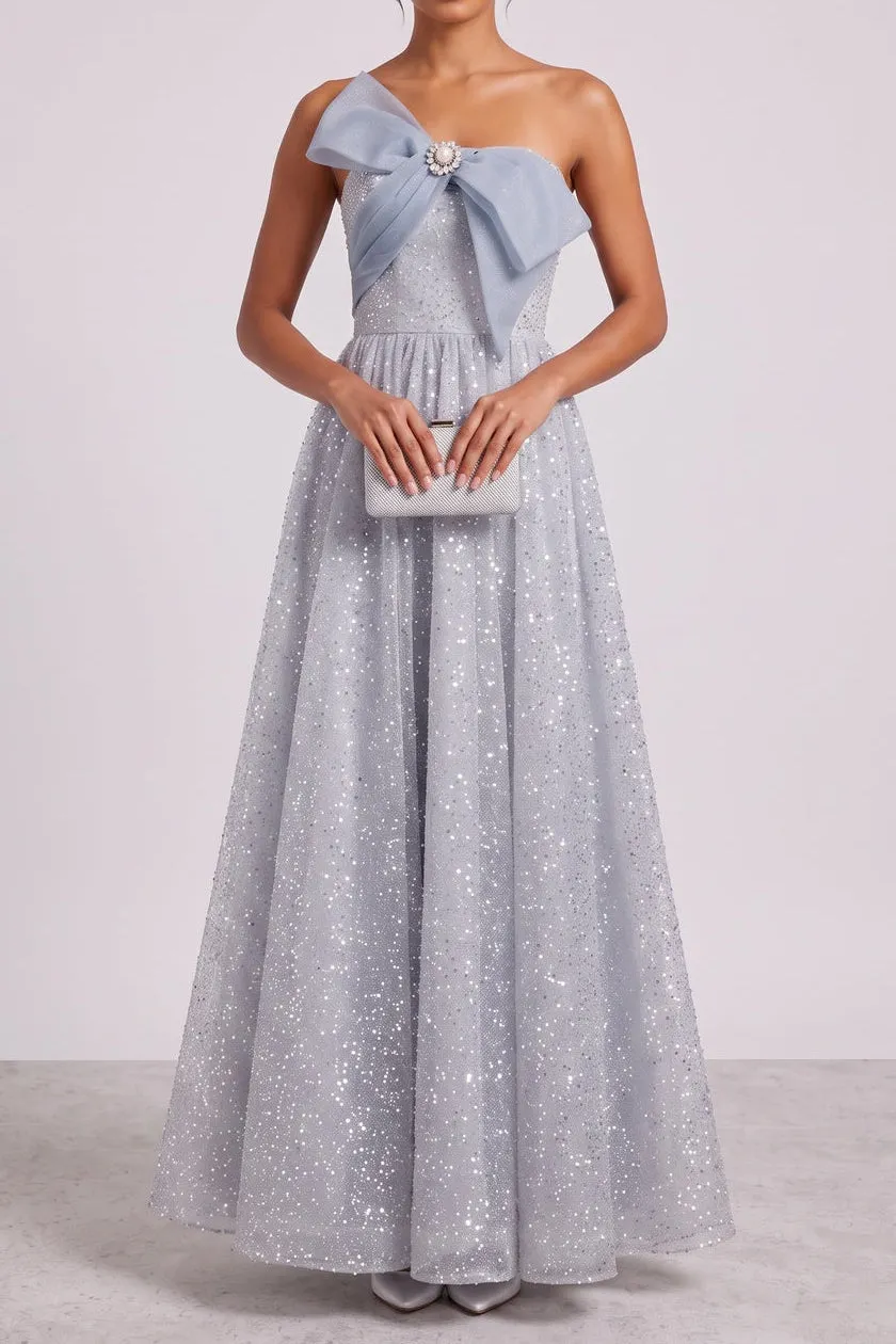 Silver-Blue Glitter Tulle A-Line Evening Gown - OWNCI