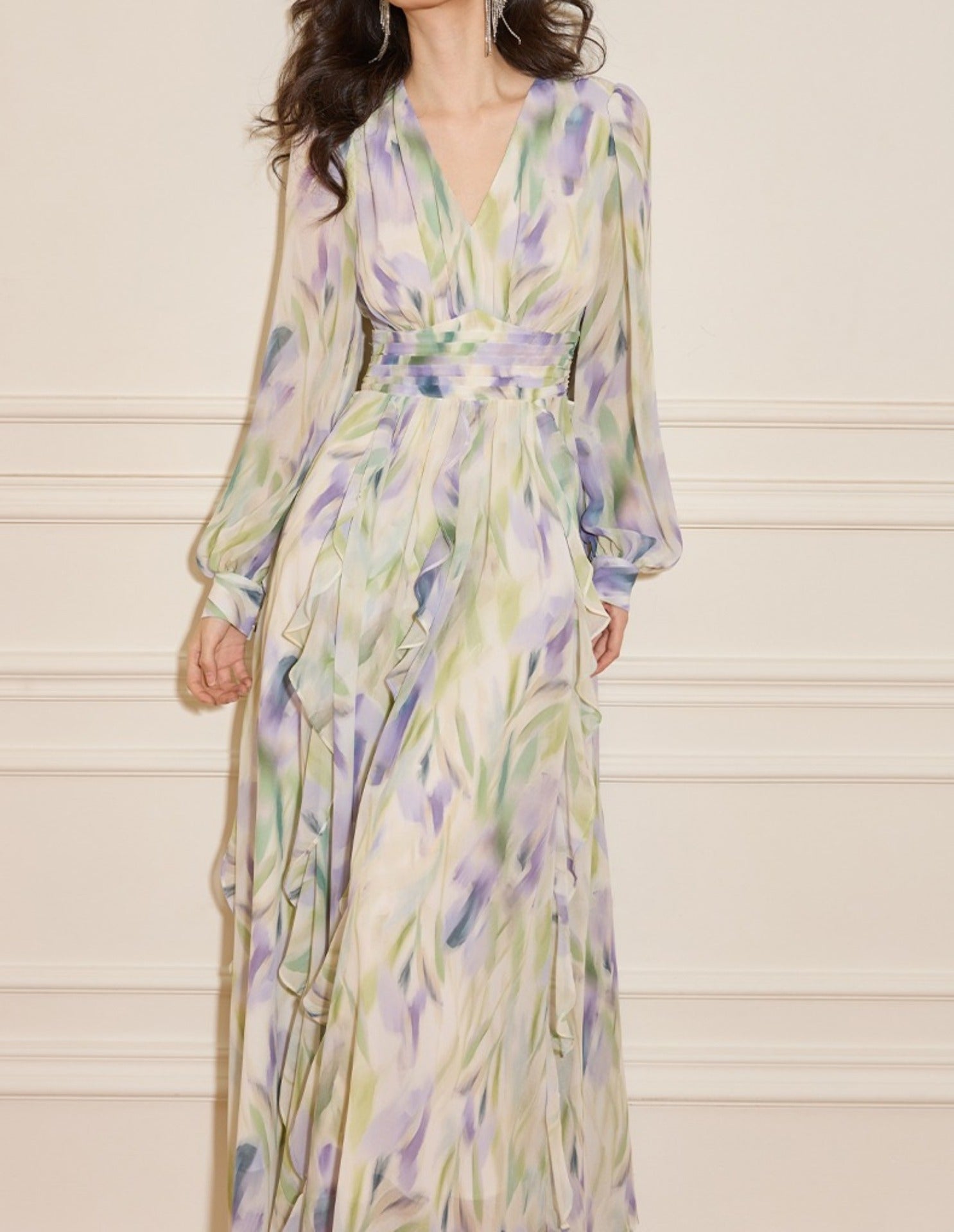 Rachel Multicolor v-Neck Floral Print Lantern Sleeve Maxi Dress - OWNCI Rachel Multicolor v-Neck Floral Print Lantern Sleeve Maxi Dress - OWNCI
