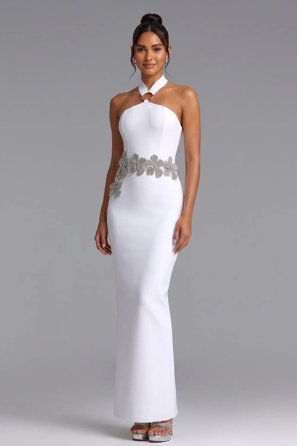White Crepe Column Gown with Silver Floral Embellishment - OWNCI