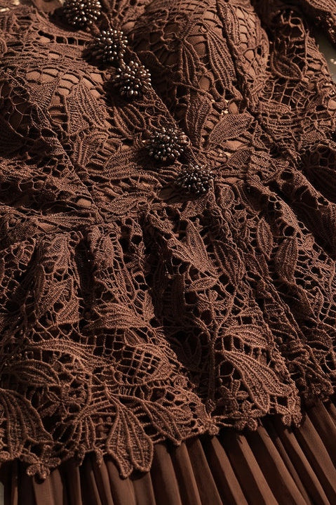 Dark Brown Guipure Lace Peplum Top & Pleated Maxi Skirt Two-Piece Set - OWNCI