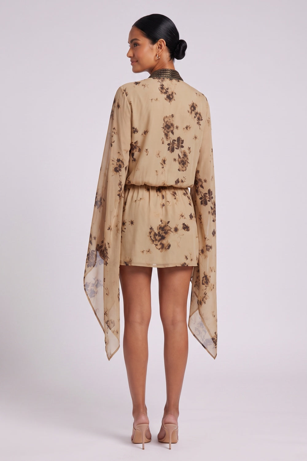 Beige Chiffon Wrap-Front Blouson With Draped Cape Sleeves Mini Dress - OWNCI