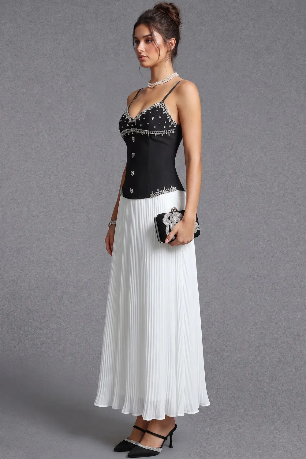 Black Embellished Corset Bodice and White Pleated Maxi Skirt Two-Piece Dress Set - OWNCI Black Embellished Corset Bodice and White Pleated Maxi Skirt Two-Piece Dress Set - OWNCI