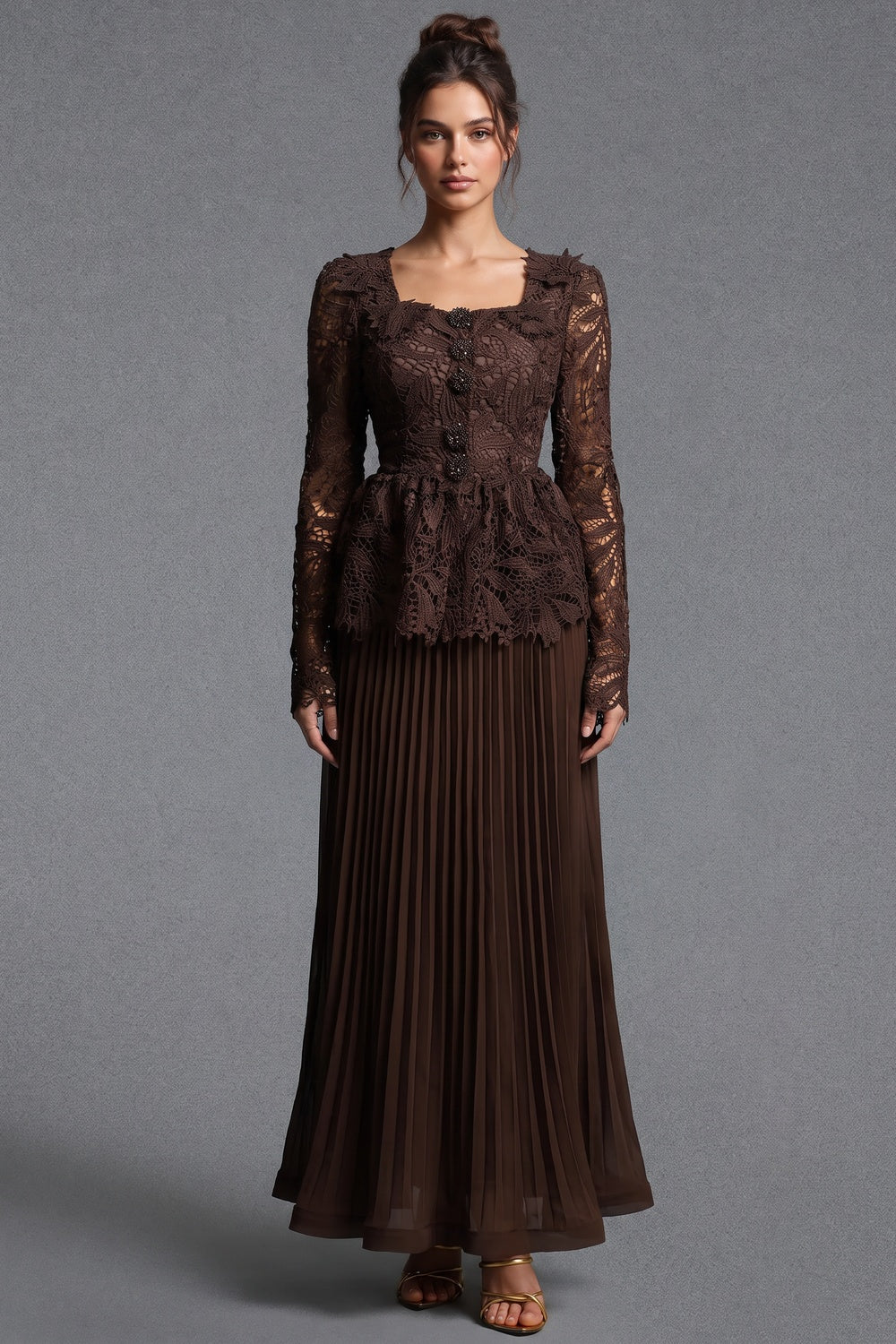 Dark Brown Guipure Lace Peplum Top & Pleated Maxi Skirt Two-Piece Set - OWNCI