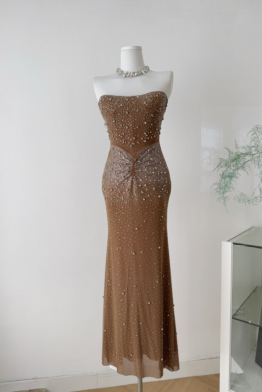 Brown Mesh Fitted Column Gown with Crystal Embellishments - OWNCI Brown Mesh Fitted Column Gown with Crystal Embellishments - OWNCI