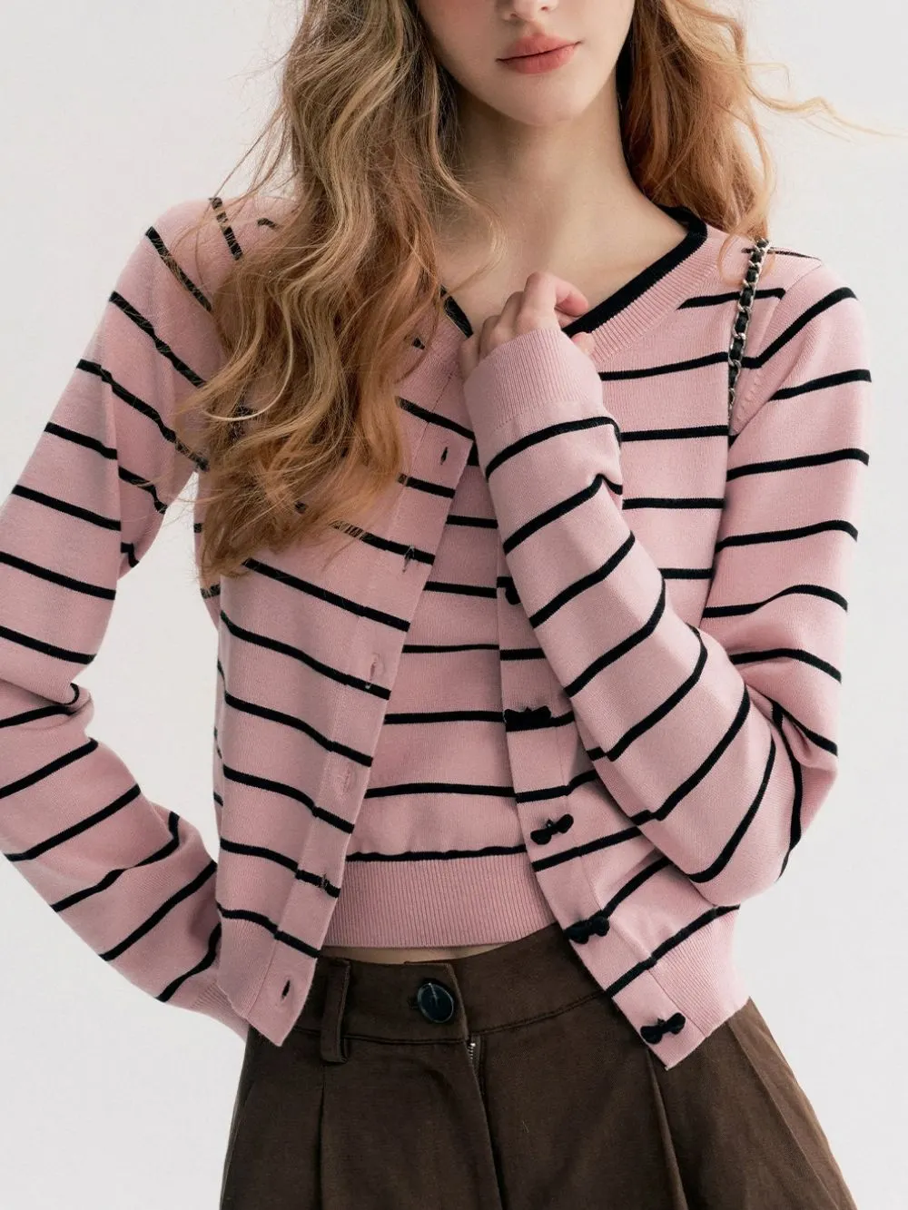 Miona Pink Stripe Cardigan & Tank Top Set - OWNCI Miona Pink Stripe Cardigan & Tank Top Set - OWNCI