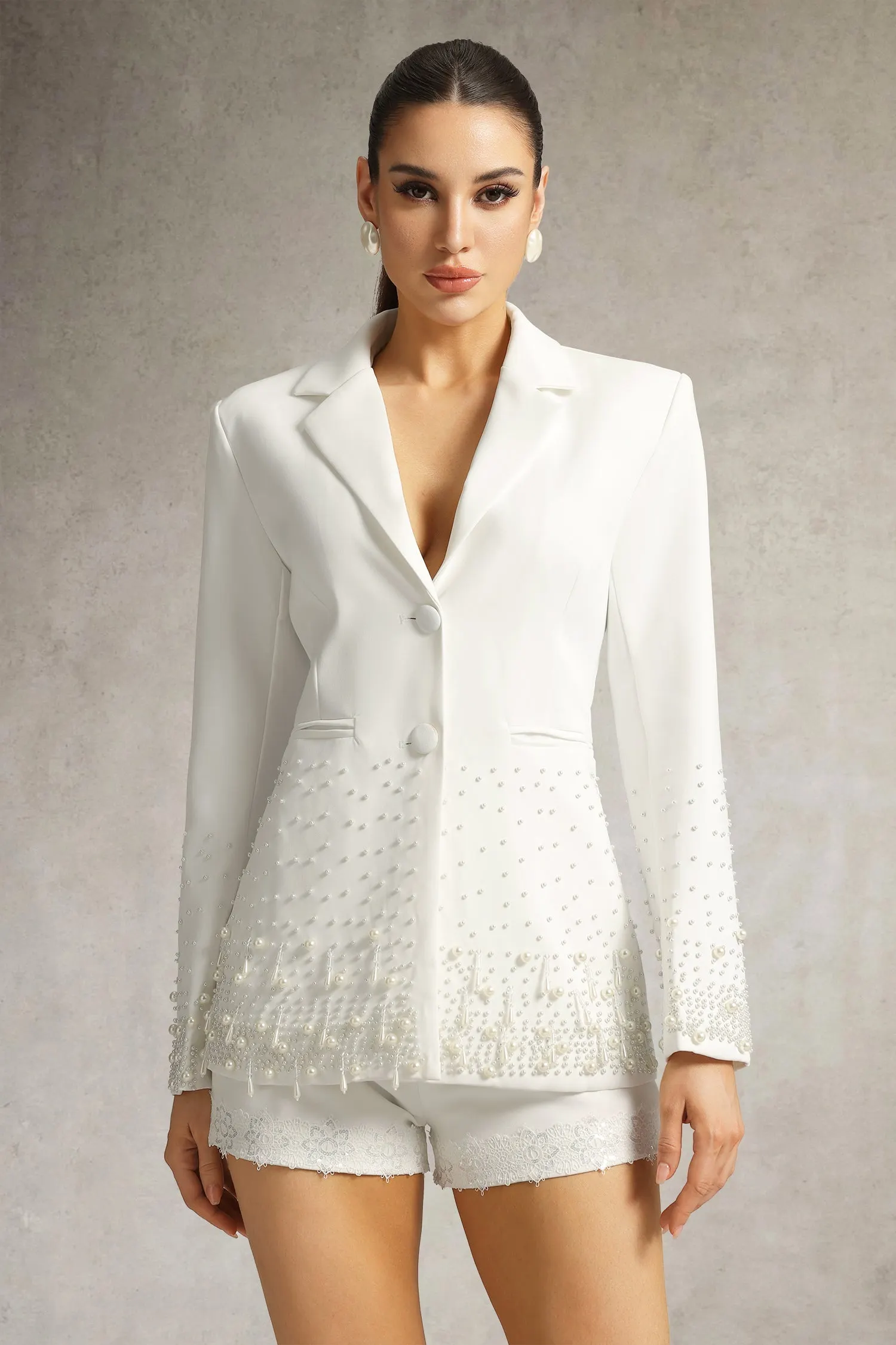 Mirabelle Long Sleeve Pearl Blazer In White - OWNCI Mirabelle Long Sleeve Pearl Blazer In White - OWNCI