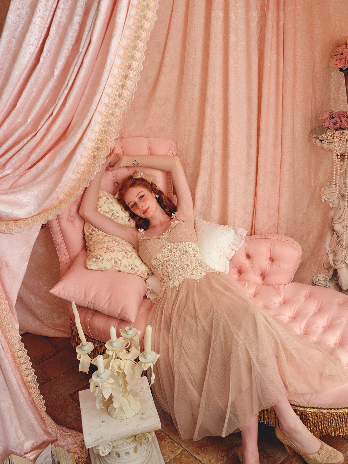 Heloise Lace Mesh Flower Detail Maxi Dress In Cream Pink - OWNCI Heloise Lace Mesh Flower Detail Maxi Dress In Cream Pink - OWNCI