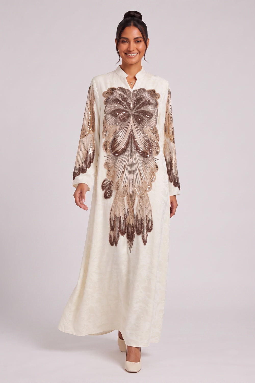 Cream Textured Crepe Or Raw Silk A-Line Kaftan Dress - OWNCI Cream Textured Crepe Or Raw Silk A-Line Kaftan Dress - OWNCI