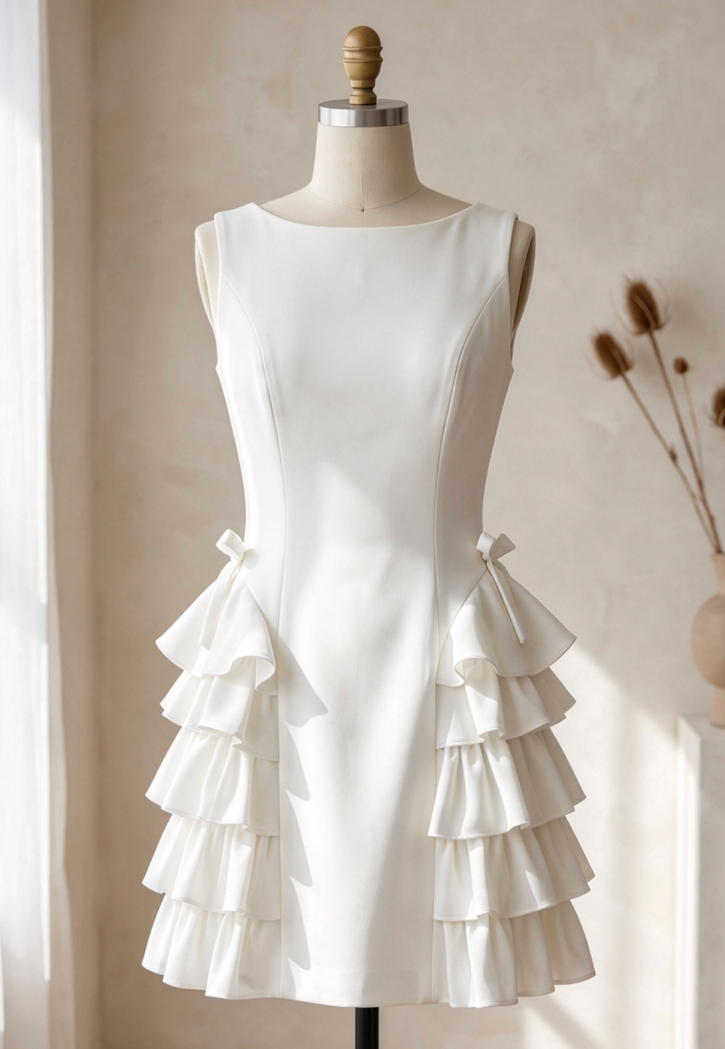 White Structured Crepe A-Line Dress with Side Ruffles - OWNCI White Structured Crepe A-Line Dress with Side Ruffles - OWNCI