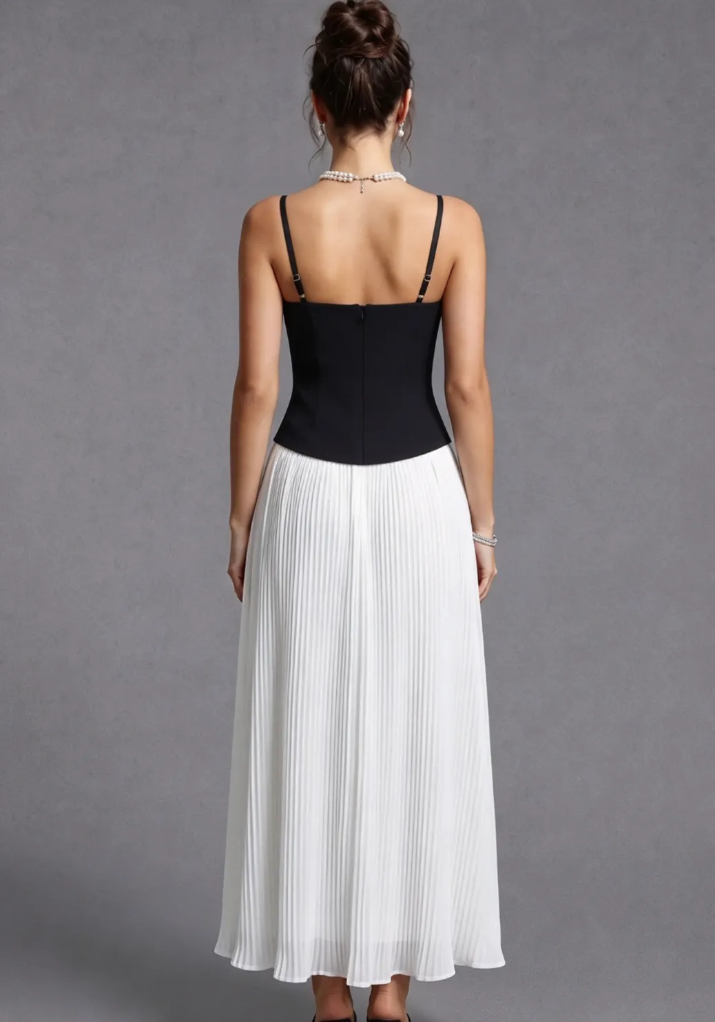Black Embellished Corset Bodice and White Pleated Maxi Skirt Two-Piece Dress Set - OWNCI Black Embellished Corset Bodice and White Pleated Maxi Skirt Two-Piece Dress Set - OWNCI